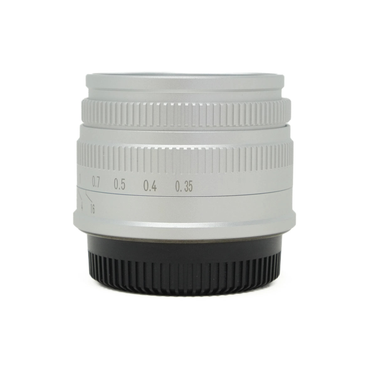 White camera lens with black base on a white background