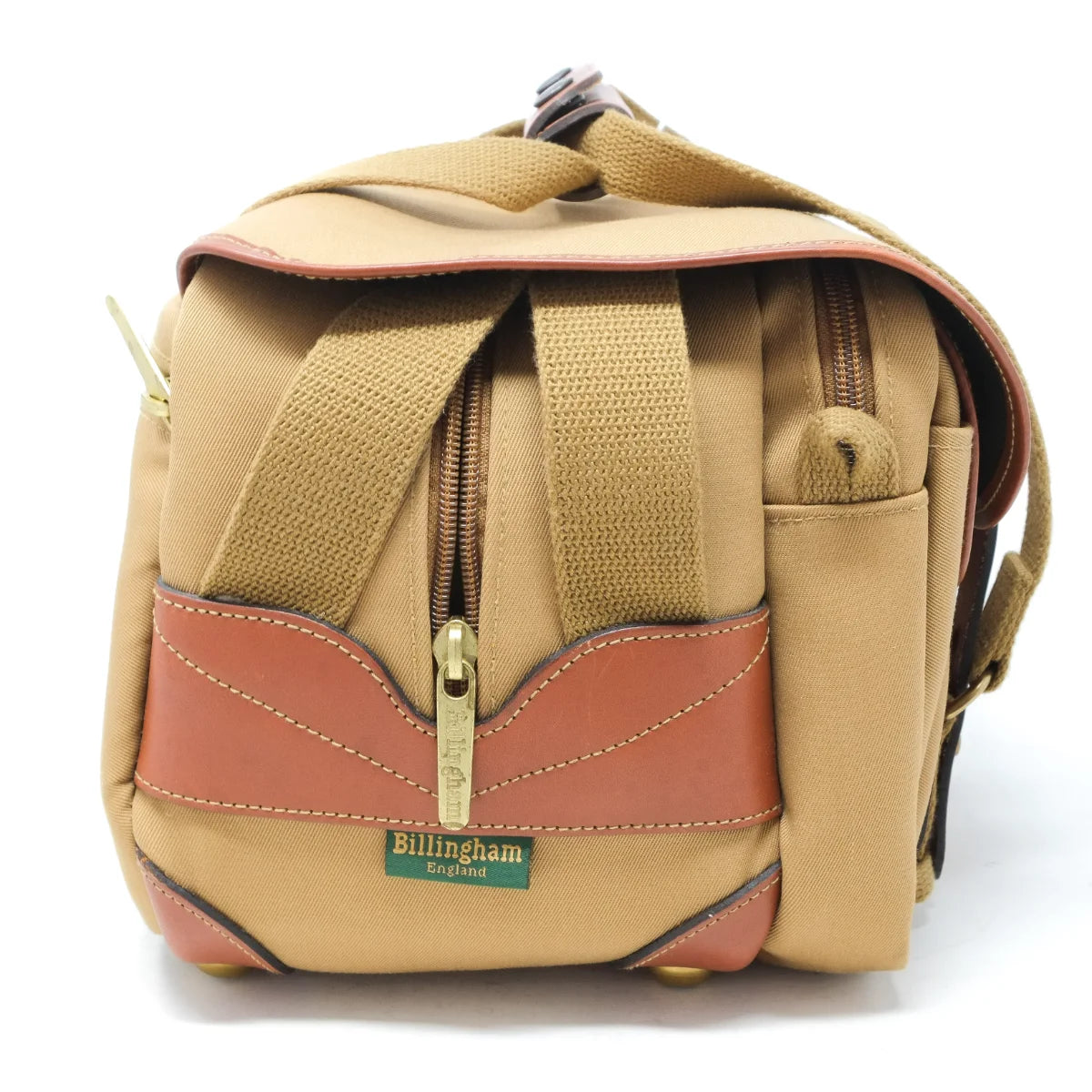 Used Billingham 225 in Khaki/Tan canvas bag - side angle