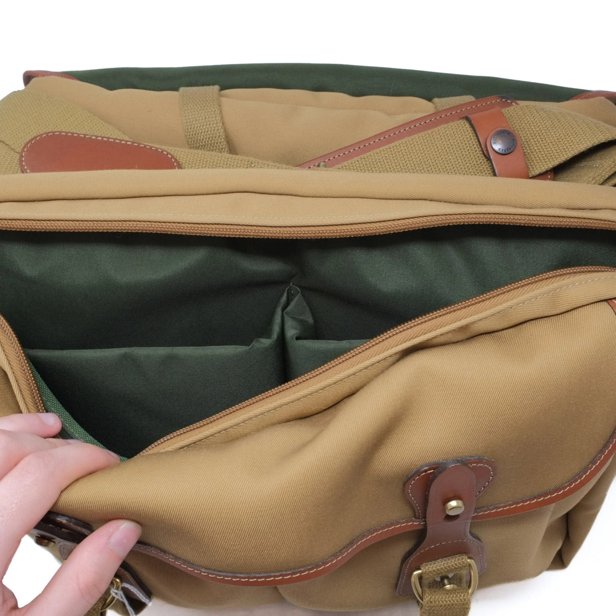Used Billingham 445 Khaki/Tan Canvas shoulder bag Mint - top angle