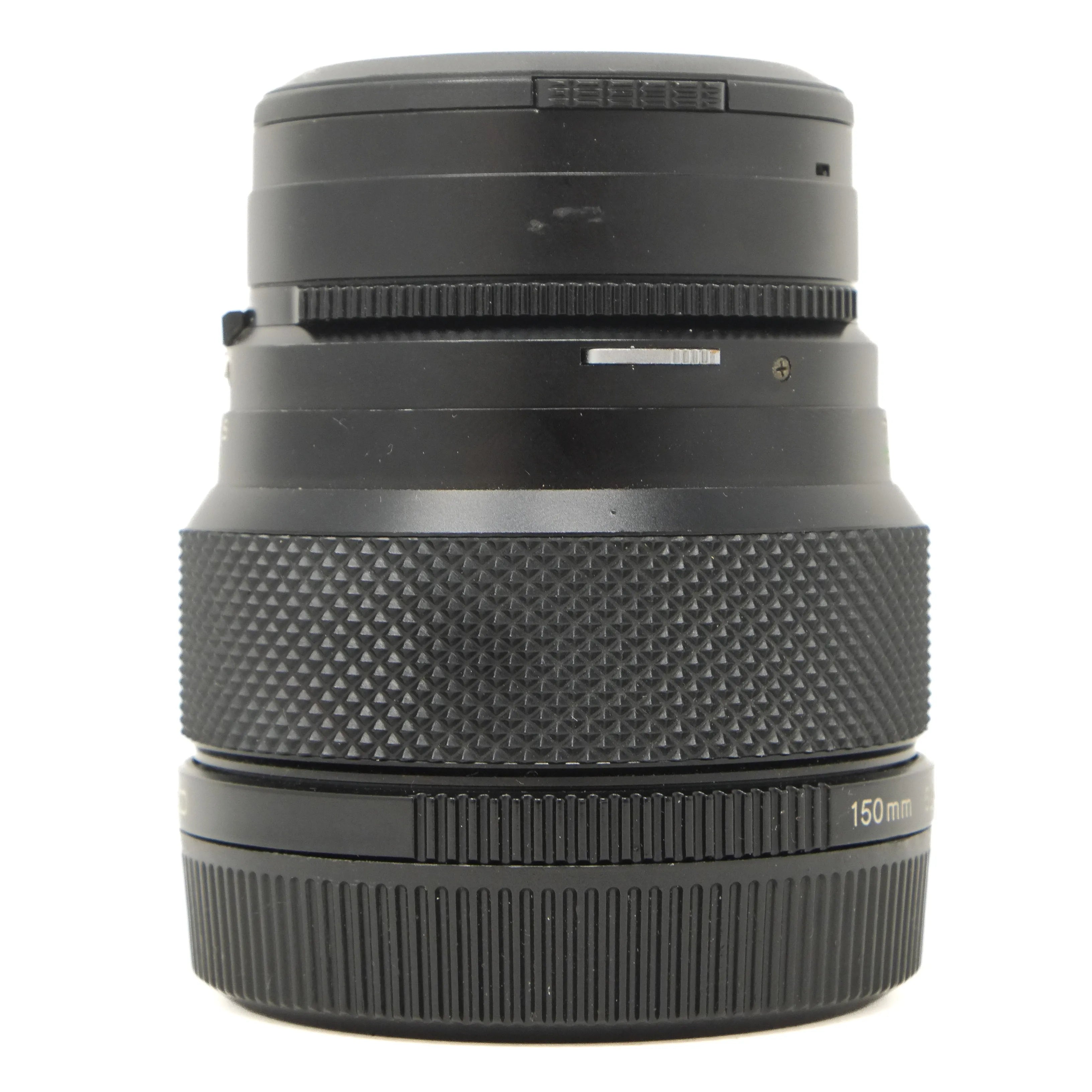 Black camera lens on a white background