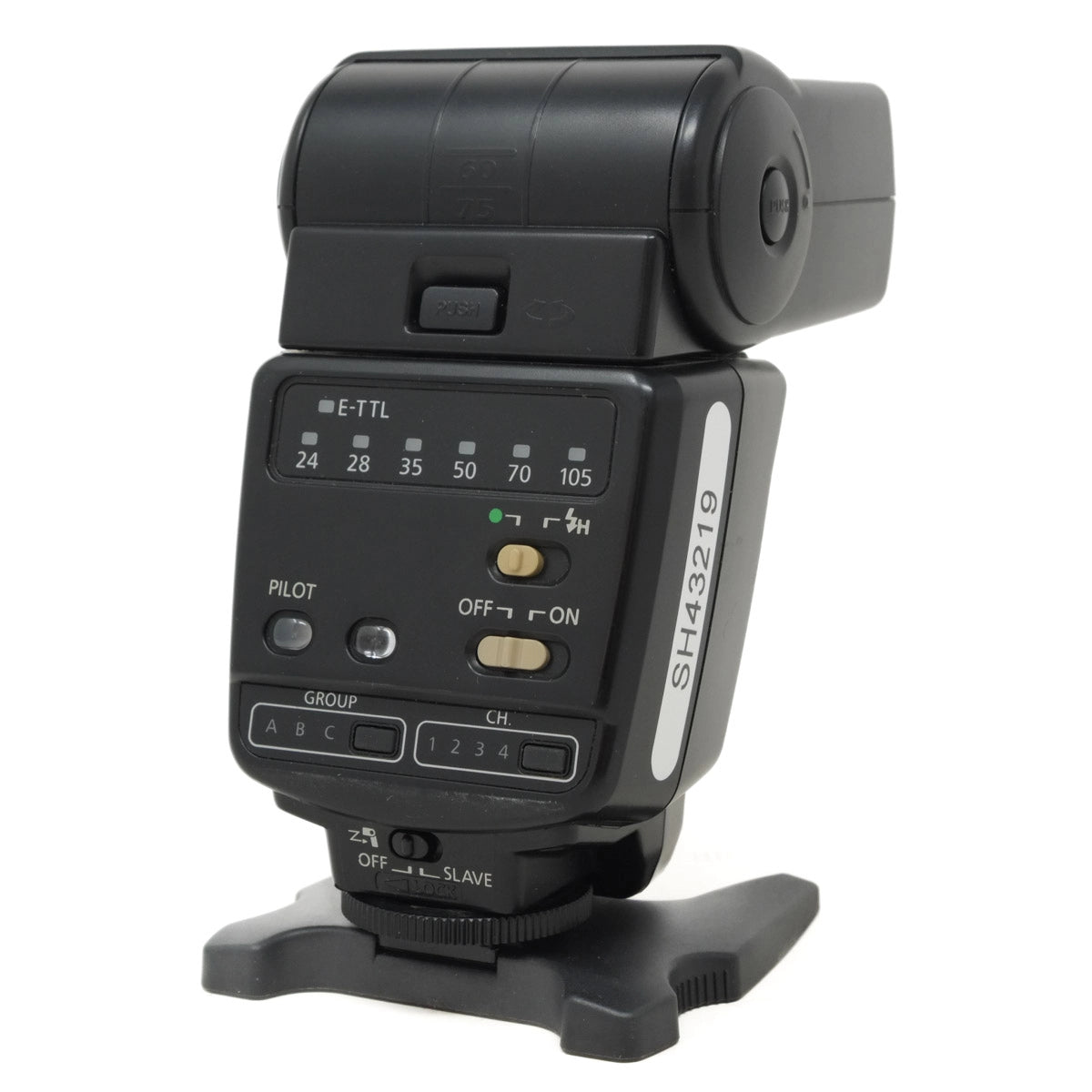 Camera flash unit with control panel on a white background