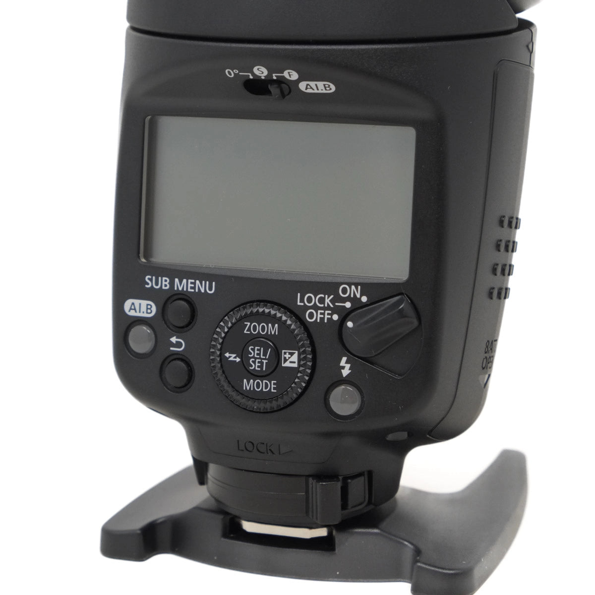 Black camera flash with control panel on a white background