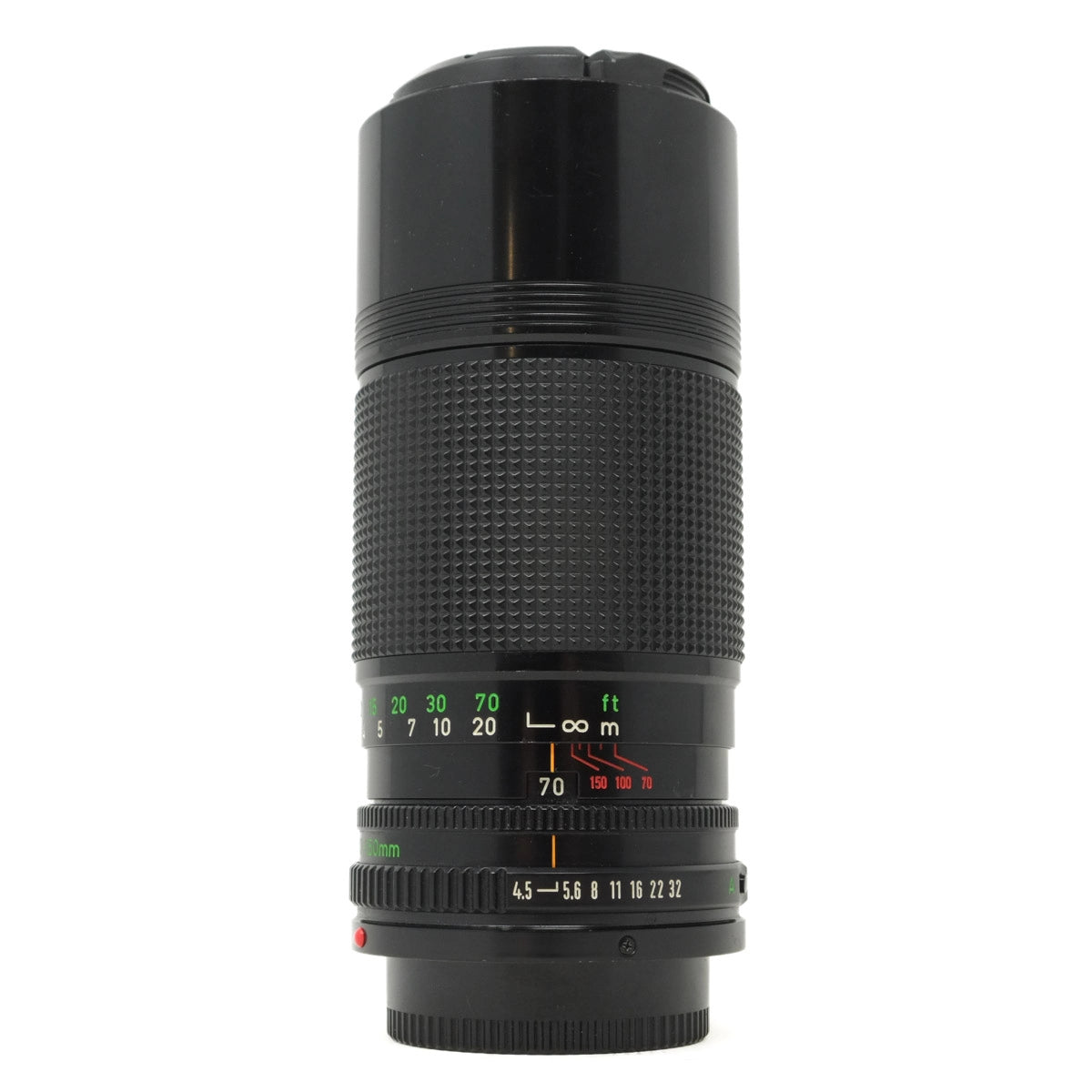 Black camera lens on a white background