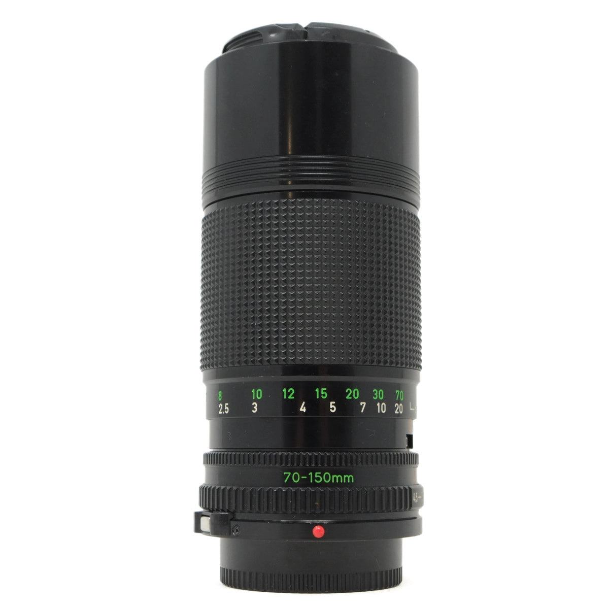 Camera lens with focus scale and measurement details on a white background
