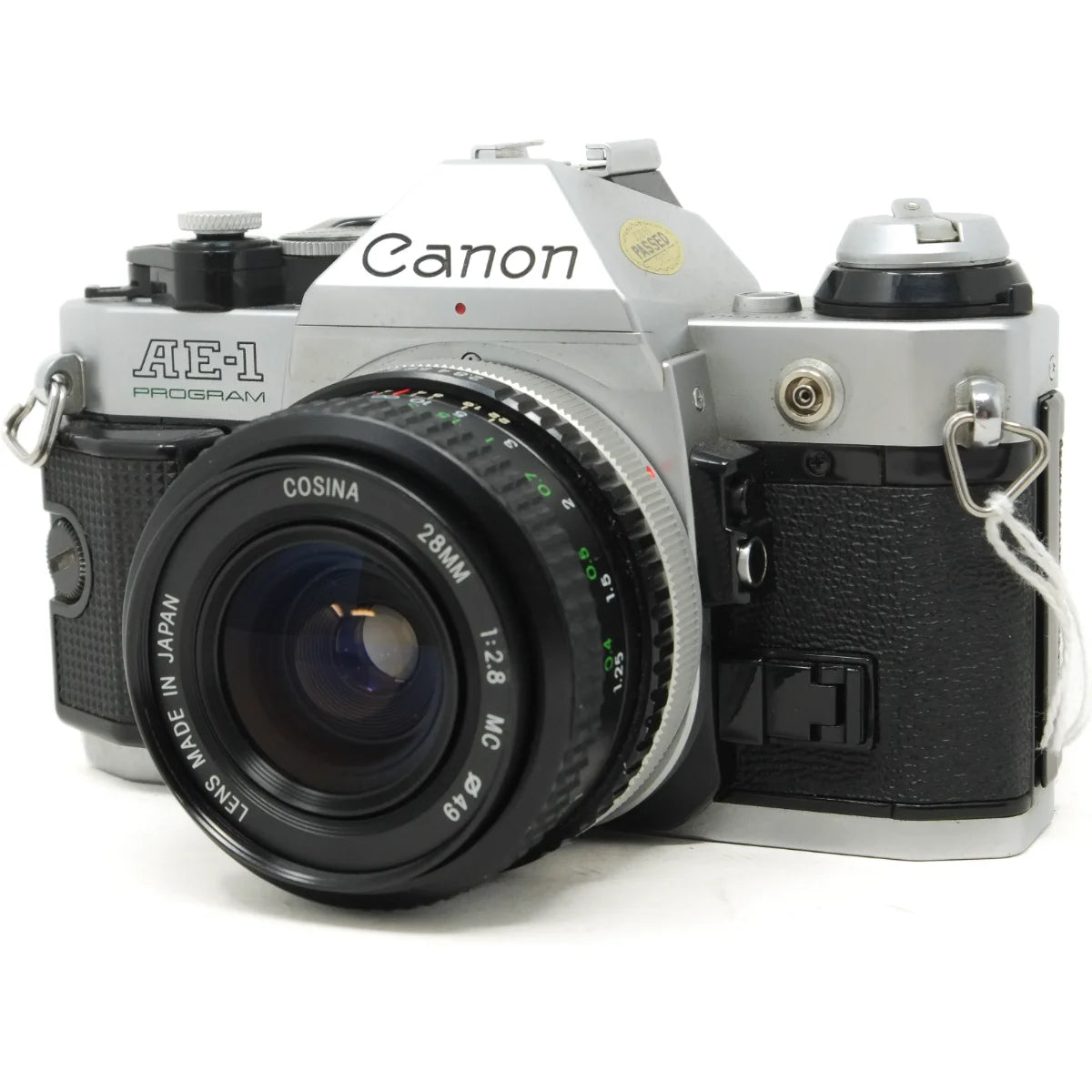 Used Canon AE-1 Program film camera with Cosina 28mm wide angle - front angle