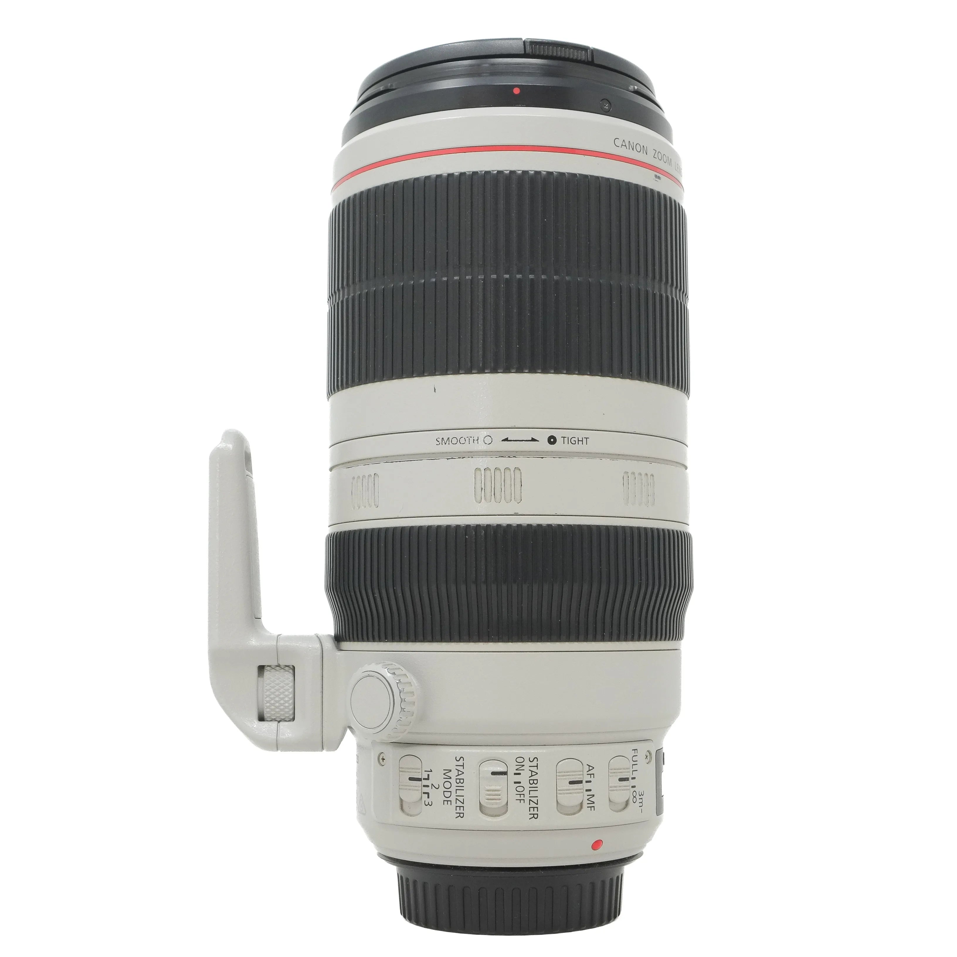 Canon camera lens with focus control ring on a white background