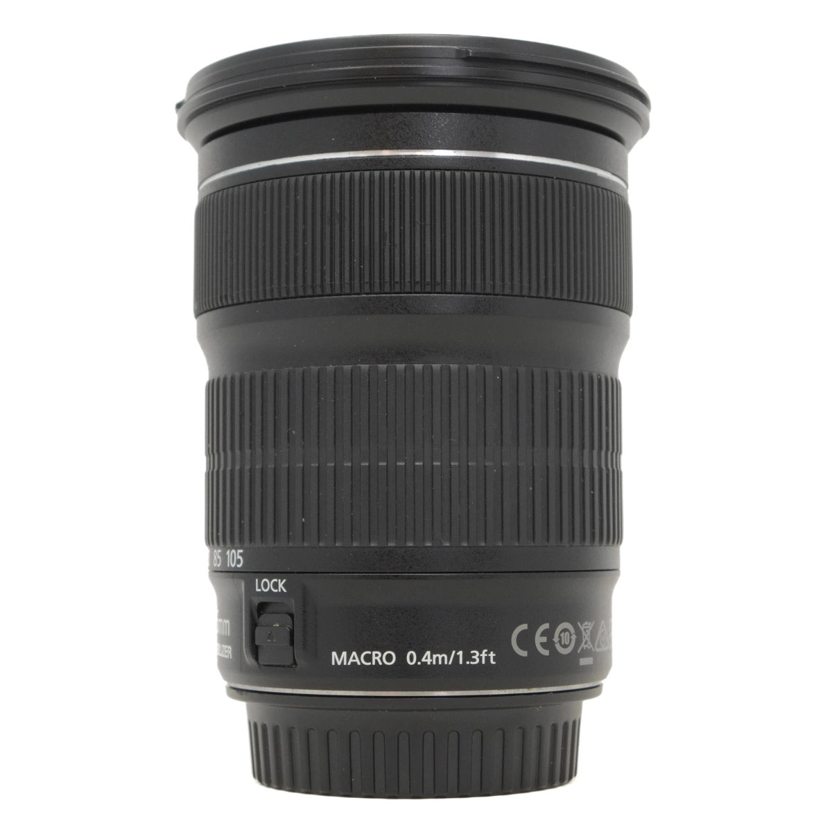 Camera lens with focus and macro markings on a white background