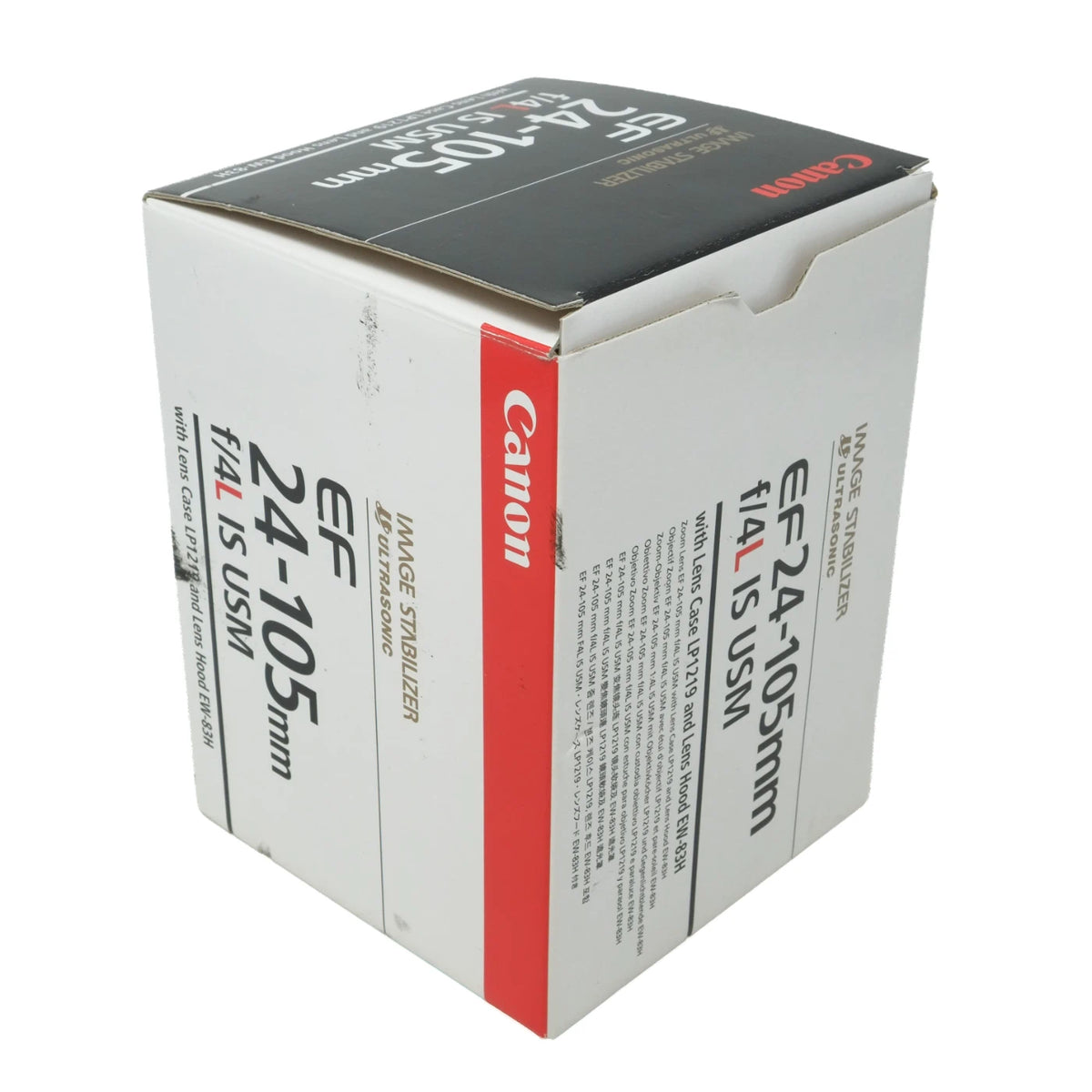 Canon EF 24-105mm F4 USM image stabilizer camera lens packaging box, showing the white, black, and red branded box on a white background.