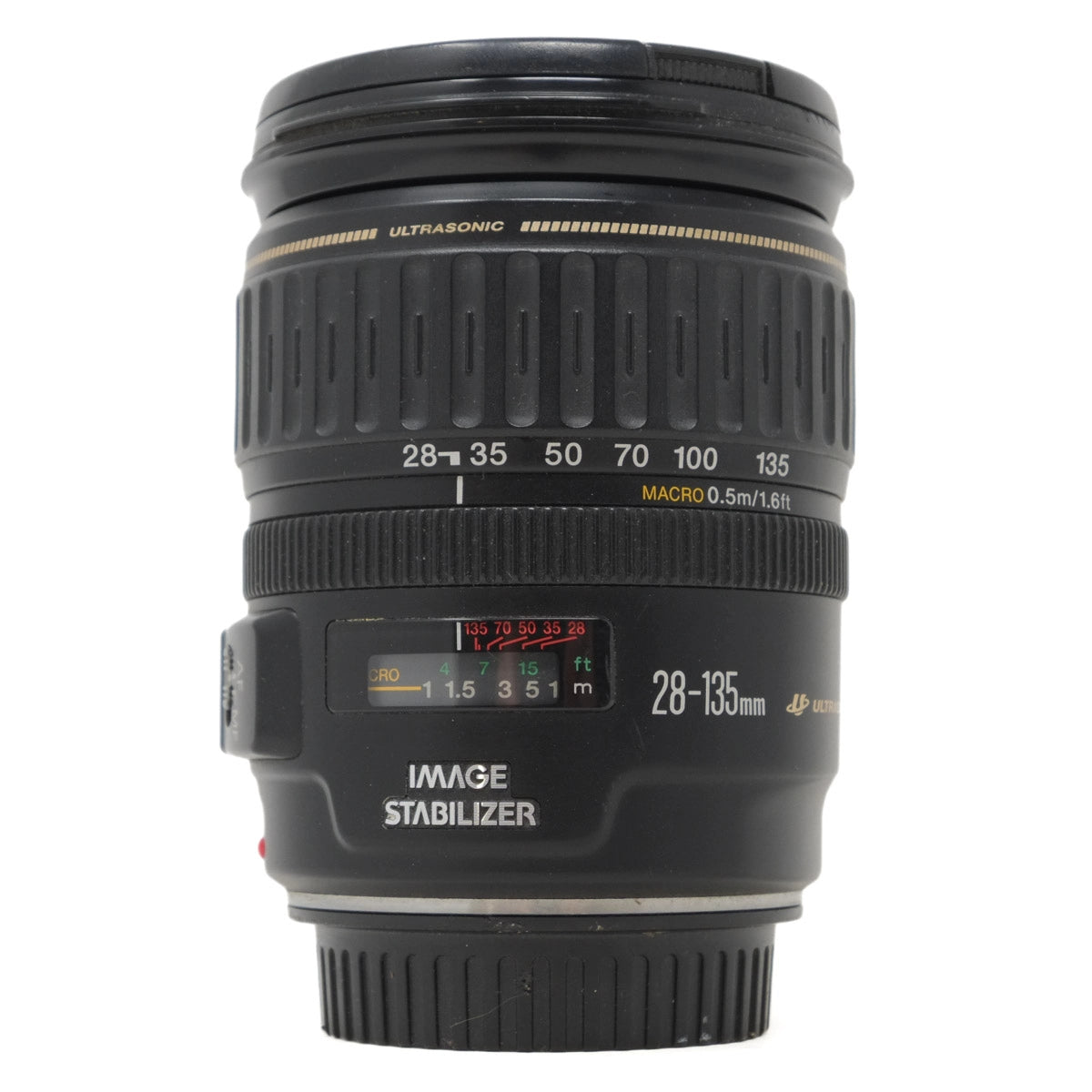 Camera lens with 'Image Stabilizer' and specifications on a white background