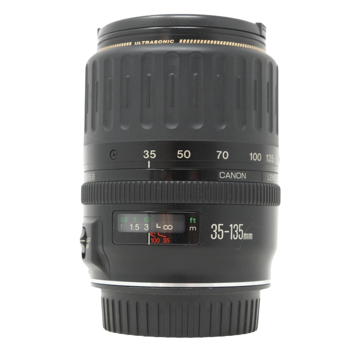 Canon 35-135mm ultrabonic lens in black, shown from the front against a white background.