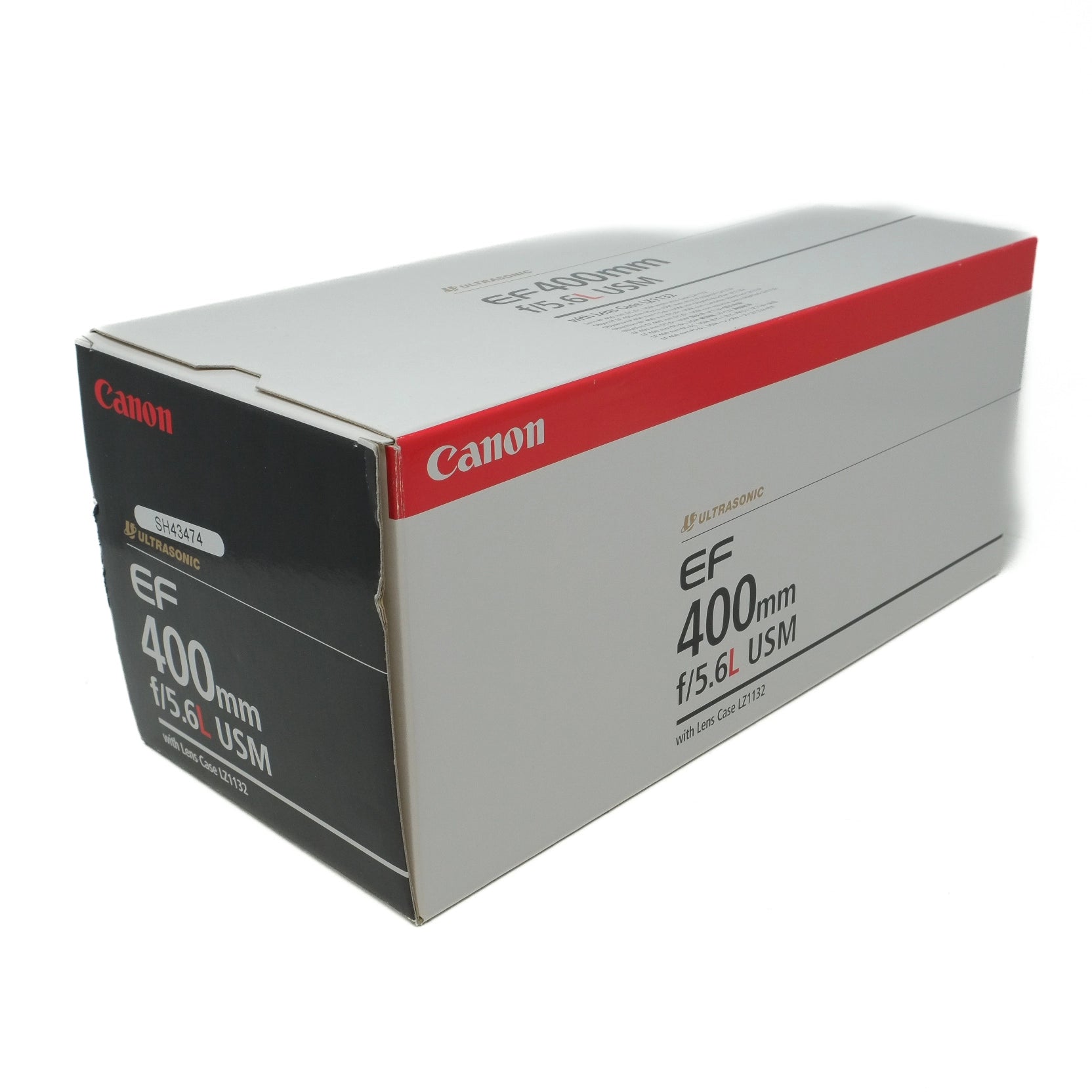 Canon camera lens box with 'EF 400mm f/5.6L USM' text on a white background