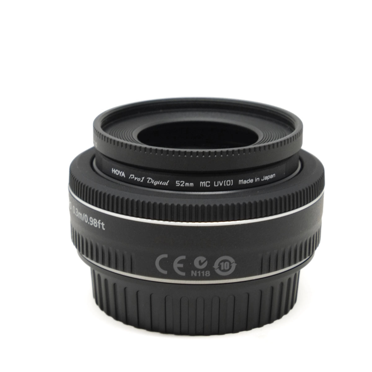 Camera lens with branding and certification marks on a white background