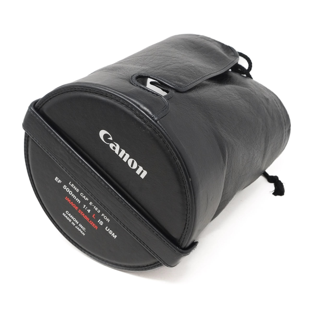 Black camera lens case with Canon branding on a white background