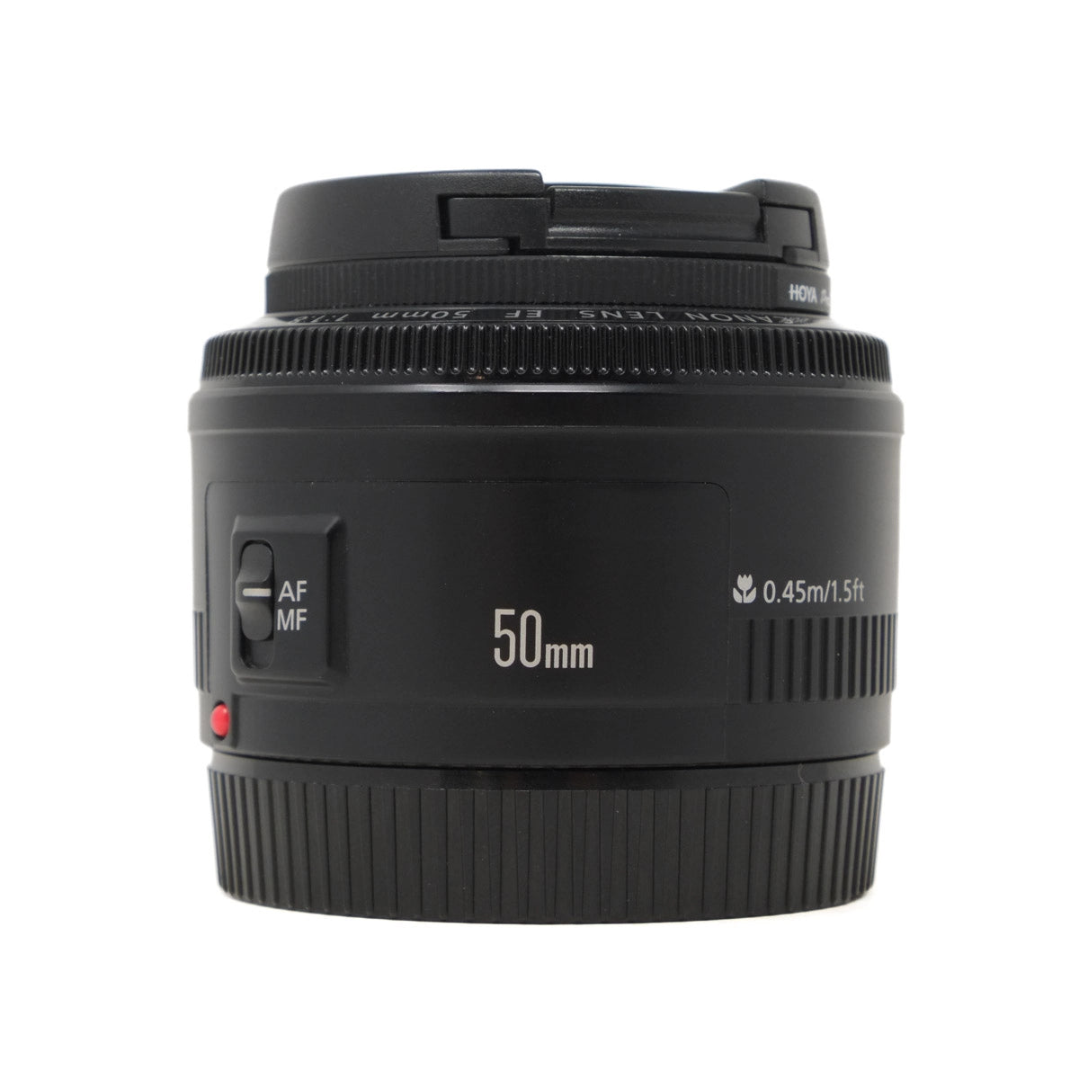 Black camera lens with '50mm' marking on a white background