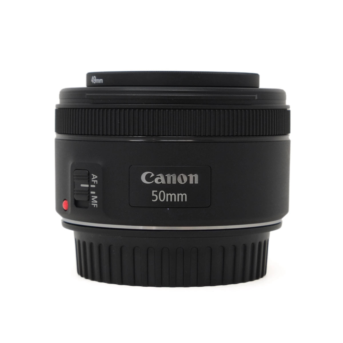 Used Canon EF 50mm F1.8 STM lens with UV filter - front angle