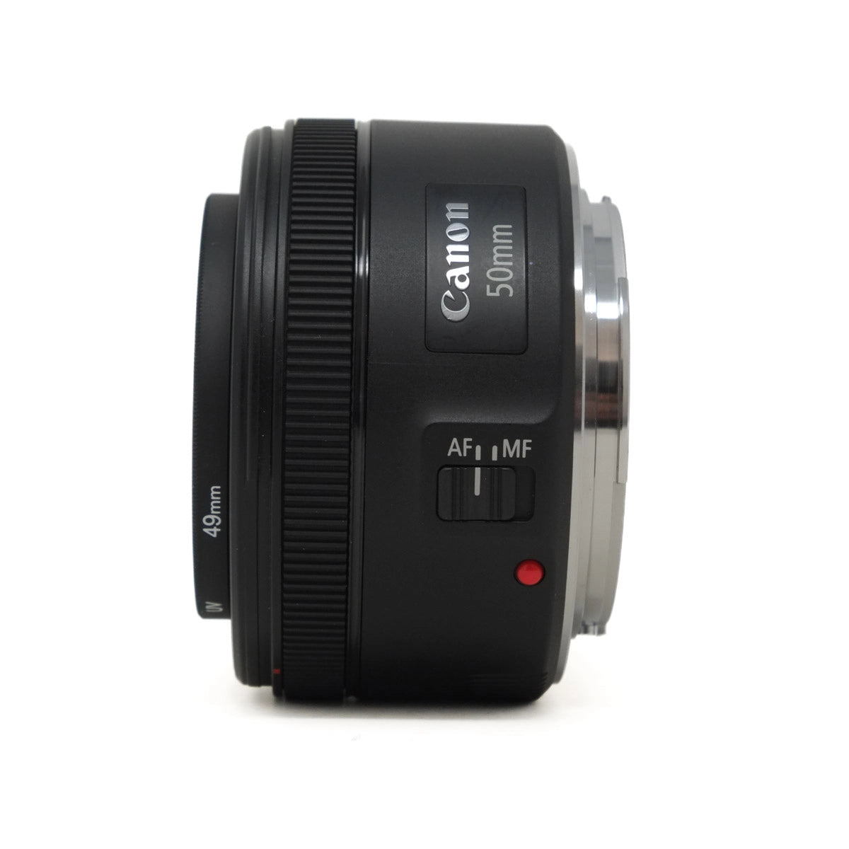 Used Canon EF 50mm F1.8 STM lens with UV filter - side angle