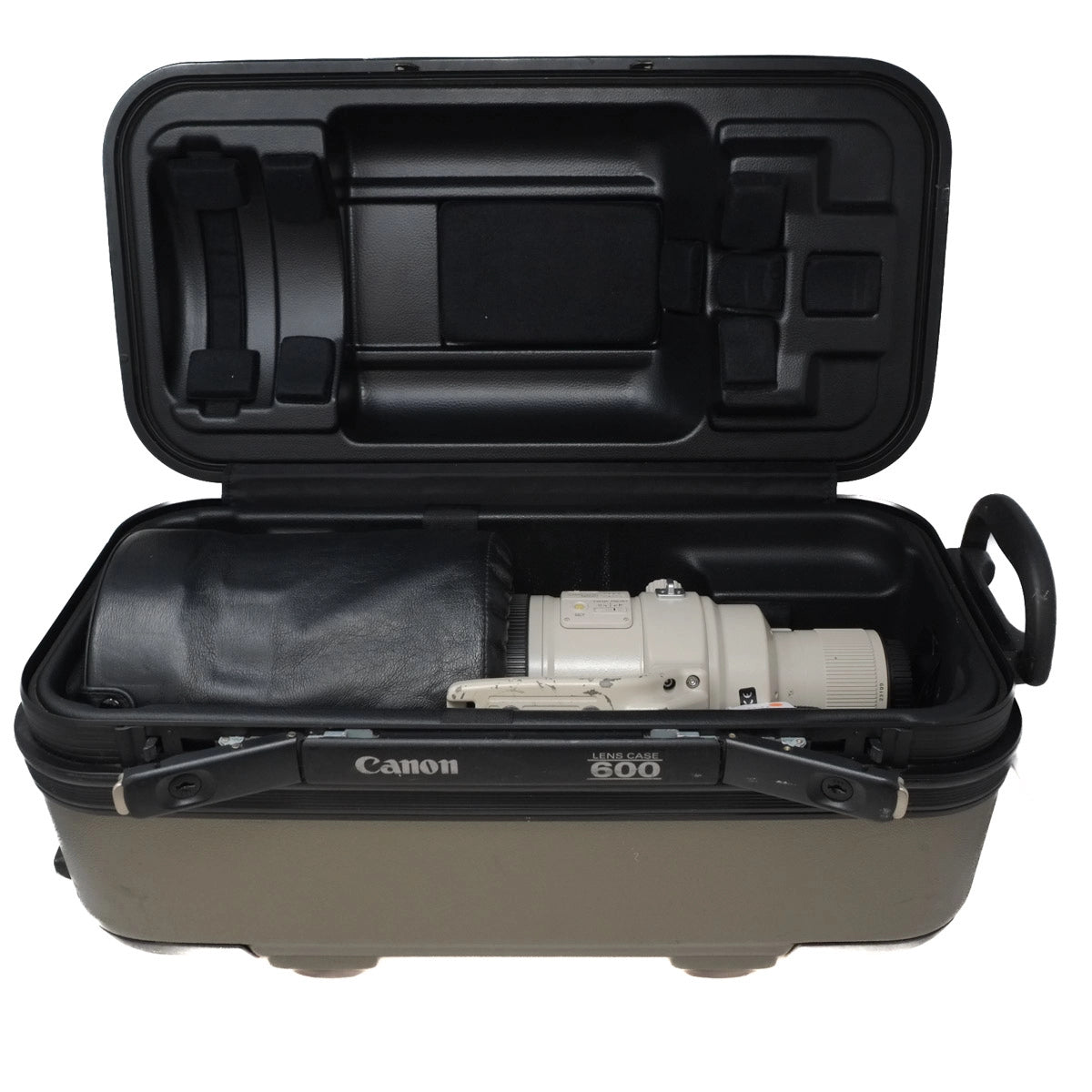 Canon camera in a black protective case on a white background