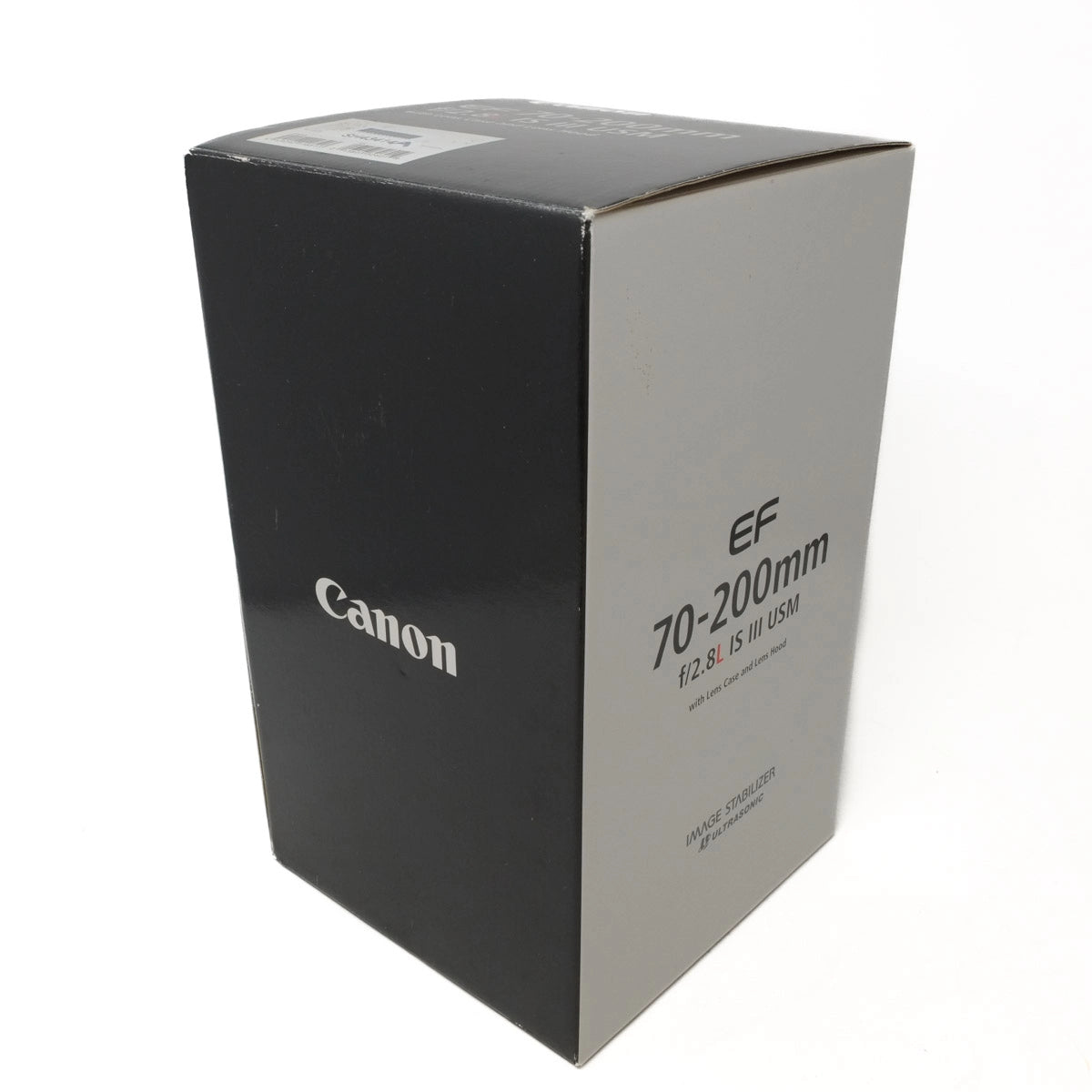 Canon camera lens box with model number EF 70-200mm on a white background