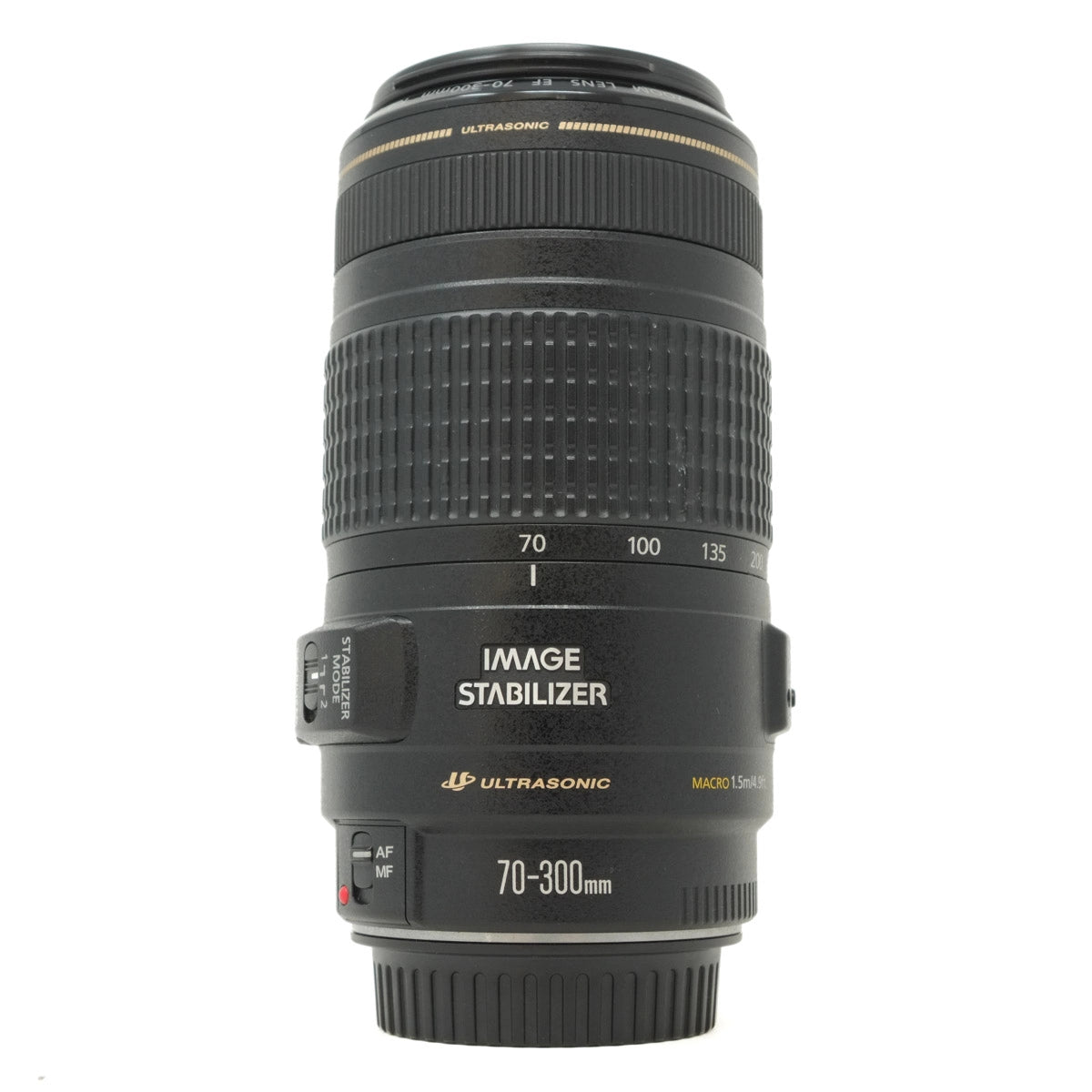 Camera lens with 'Image Stabilizer' and 'Ultrasonic' text on a white background