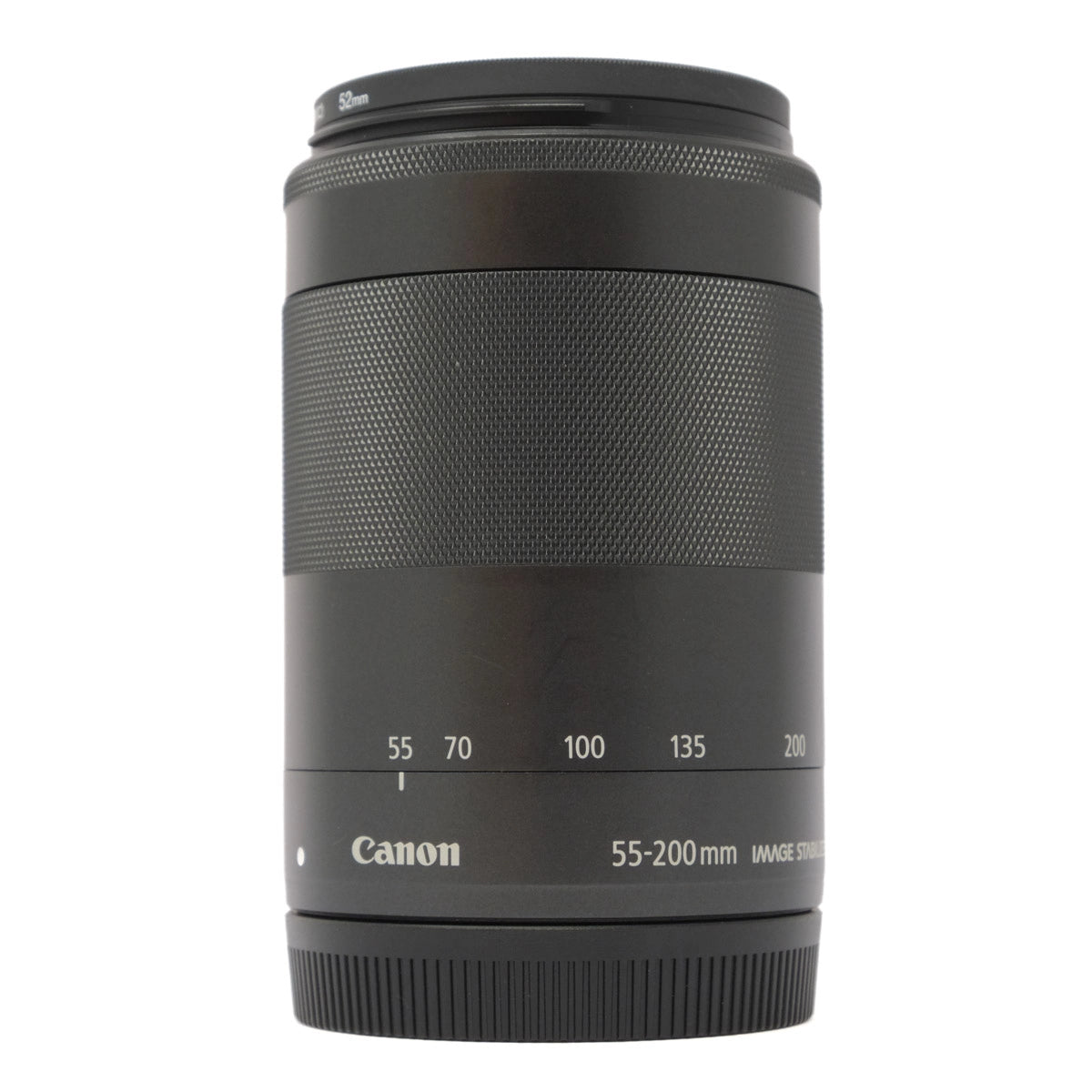 Canon camera lens with focus scale on a white background