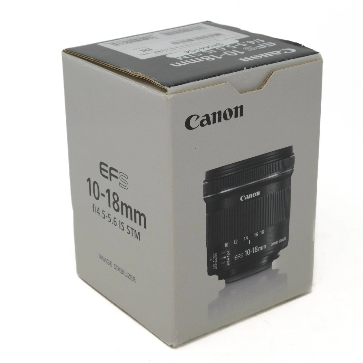 Canon EF-S 10-18mm camera lens packaging on a white background