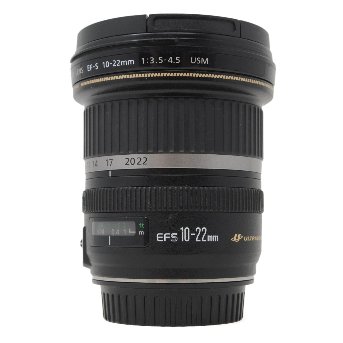 Camera lens with specifications on a white background