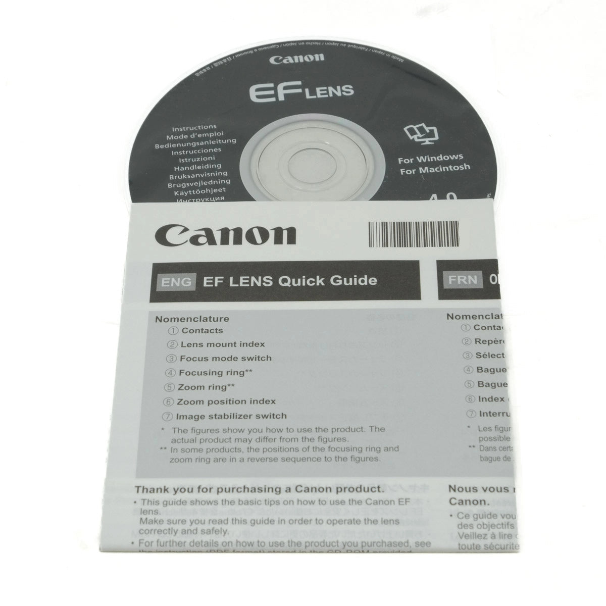 Canon EF Lens Quick Guide packaging on a white background