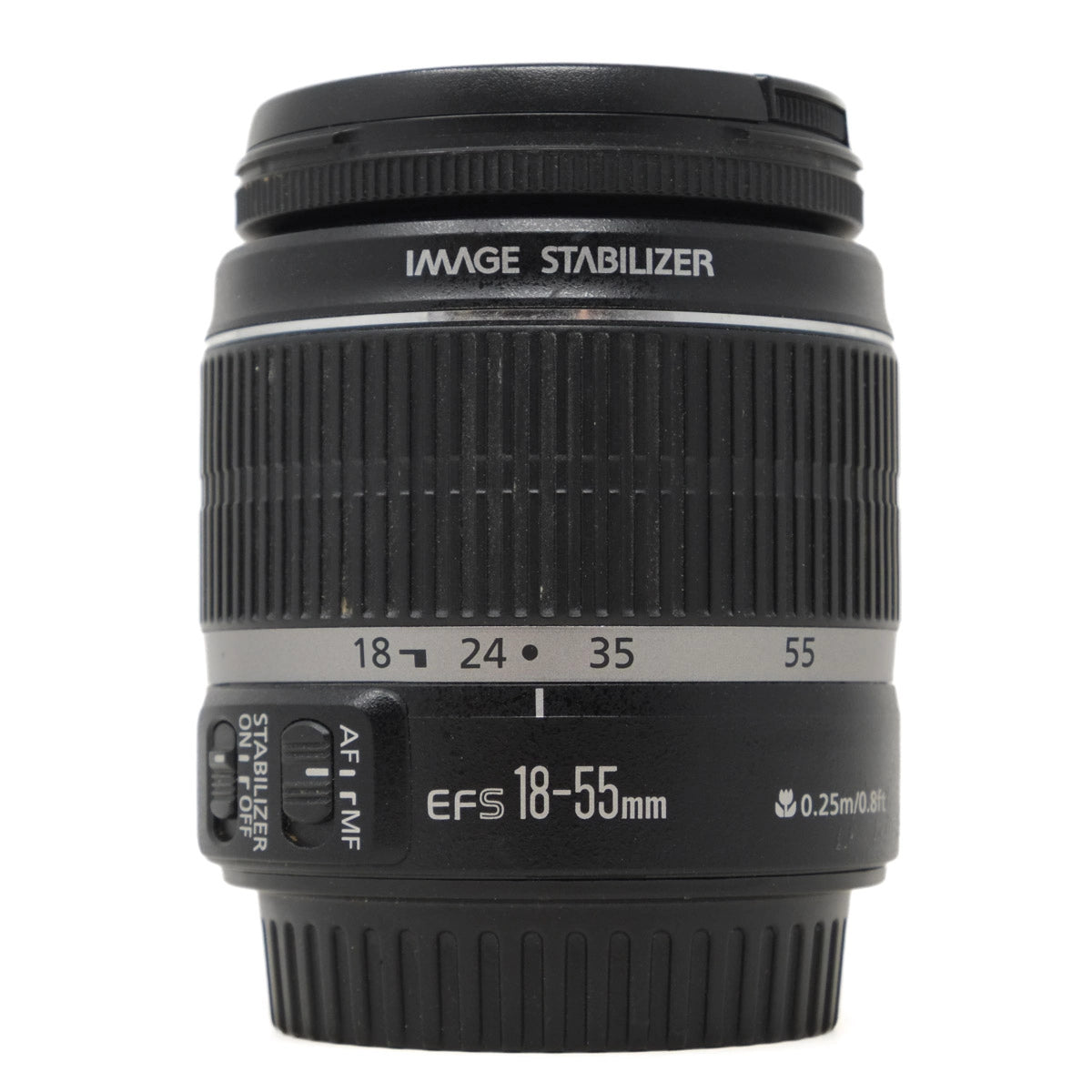Camera lens with 'Image Stabilizer' and specifications on a white background
