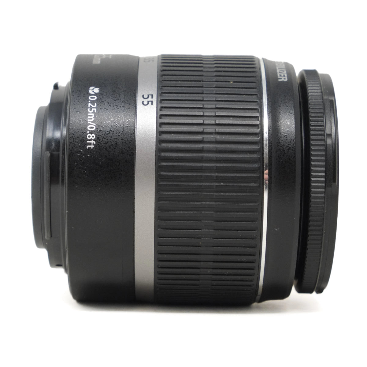 Camera lens with specifications on a white background