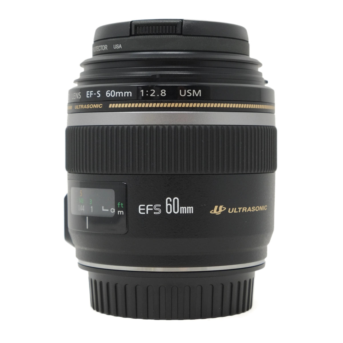 Camera lens with specifications on a white background