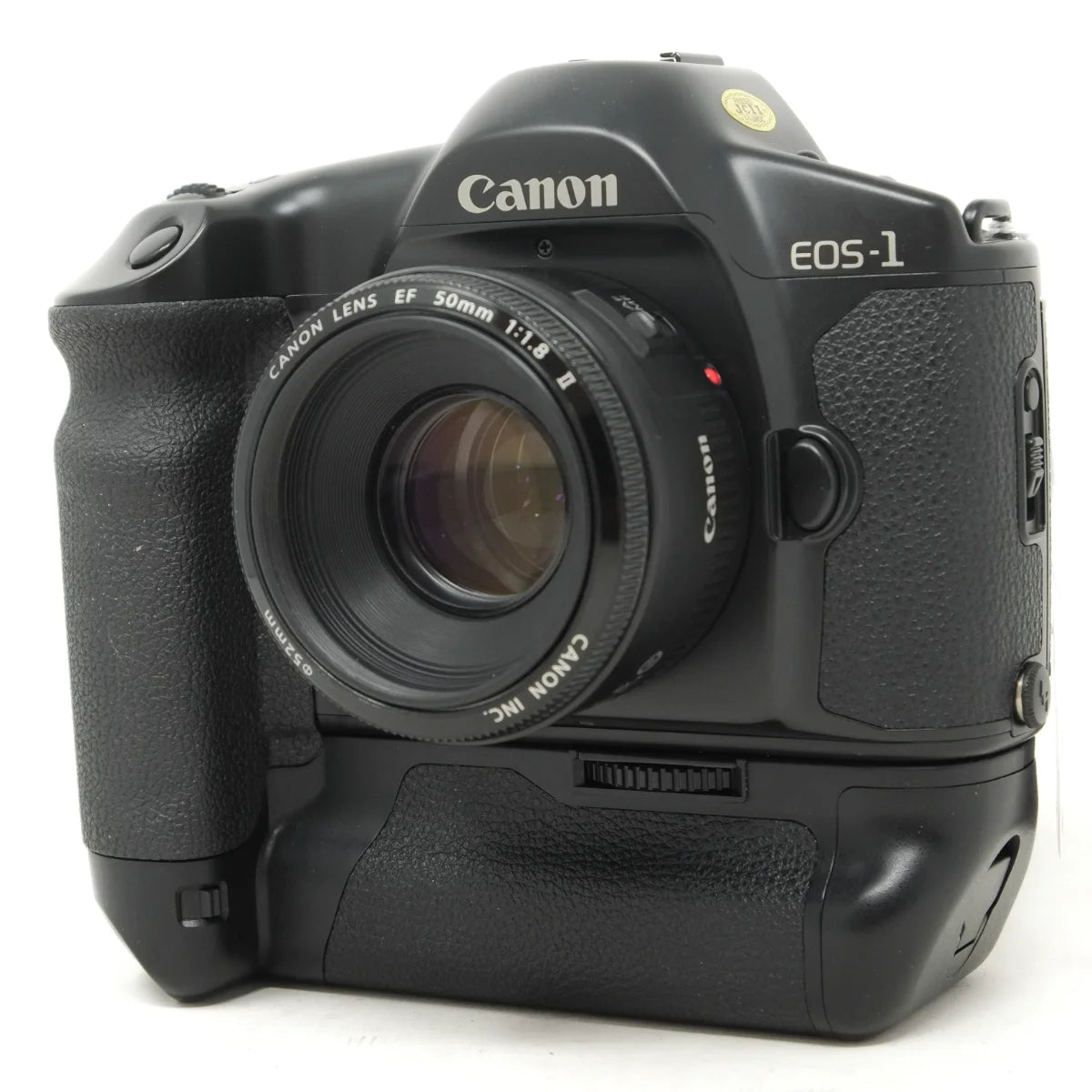 Used Canon EOS 1 Classic film camera with Booster E1 and 50mm F1.8 - front angle