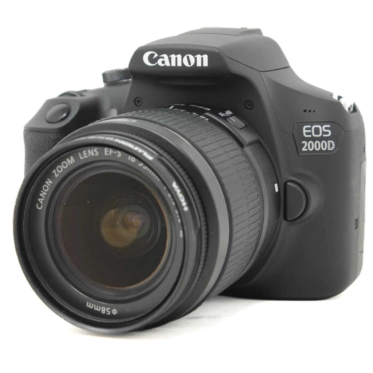 Canon EOS 2000D DSLR camera with a 18-55mm EF lens, shown from a three-quarter angle on a white background.