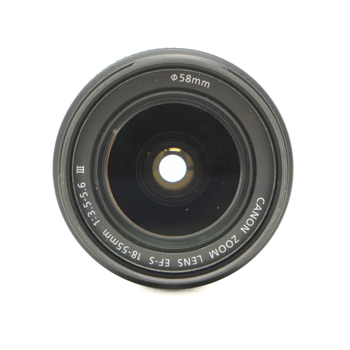 Canon zoom lens EF-S 18-55mm f/3.5-5.6 III with a diameter of 58mm, shown from the front on a white background.