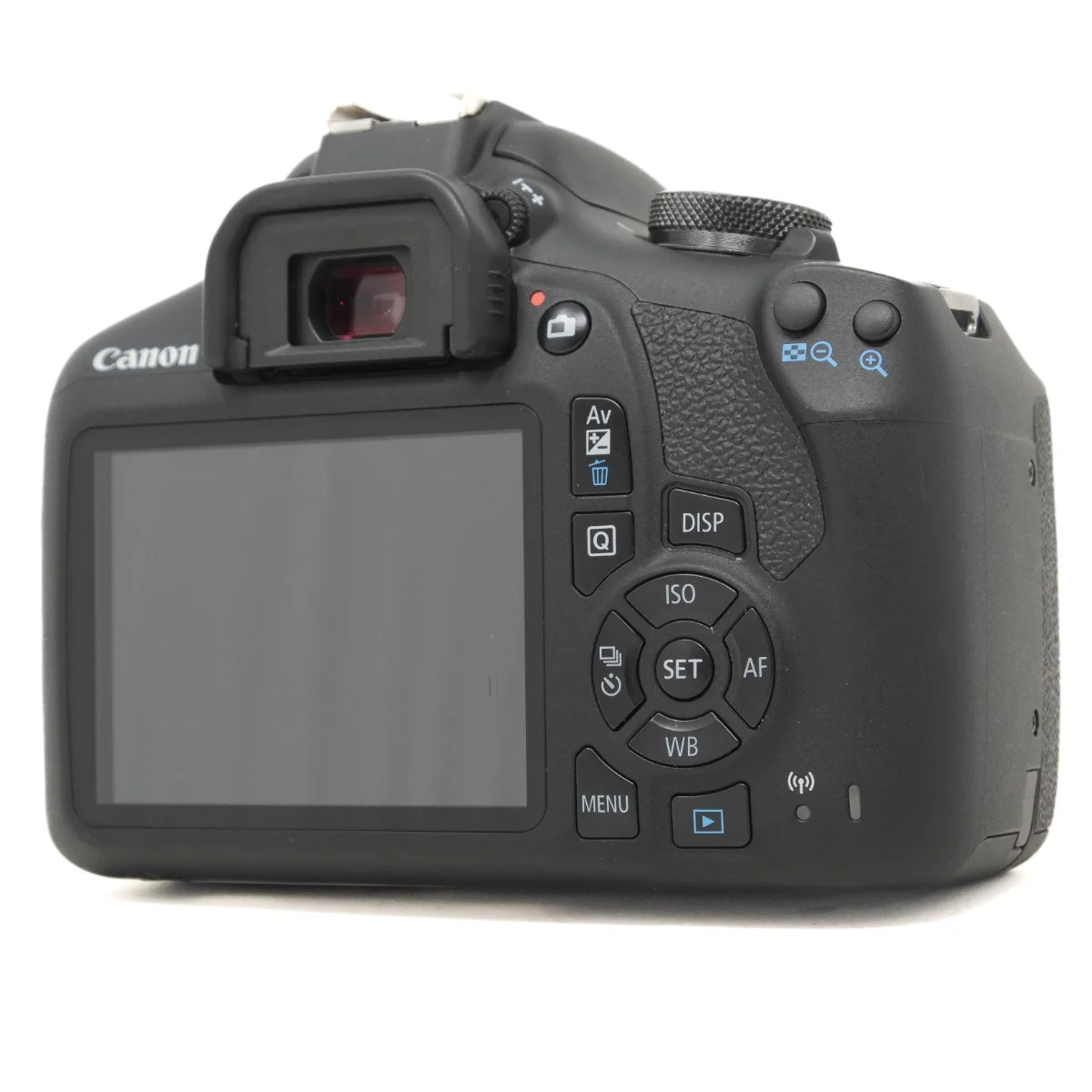 Canon DSLR camera rear view showing the LCD screen, viewfinder, and control buttons on a white background.