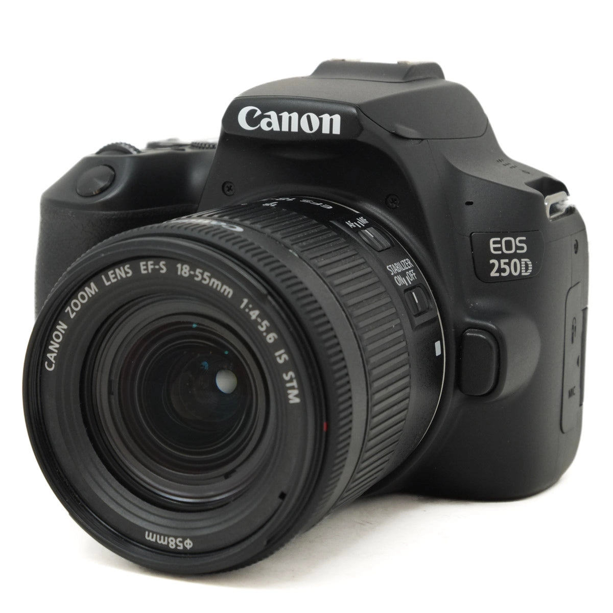 Canon EOS 250D DSLR camera with lens on a white background