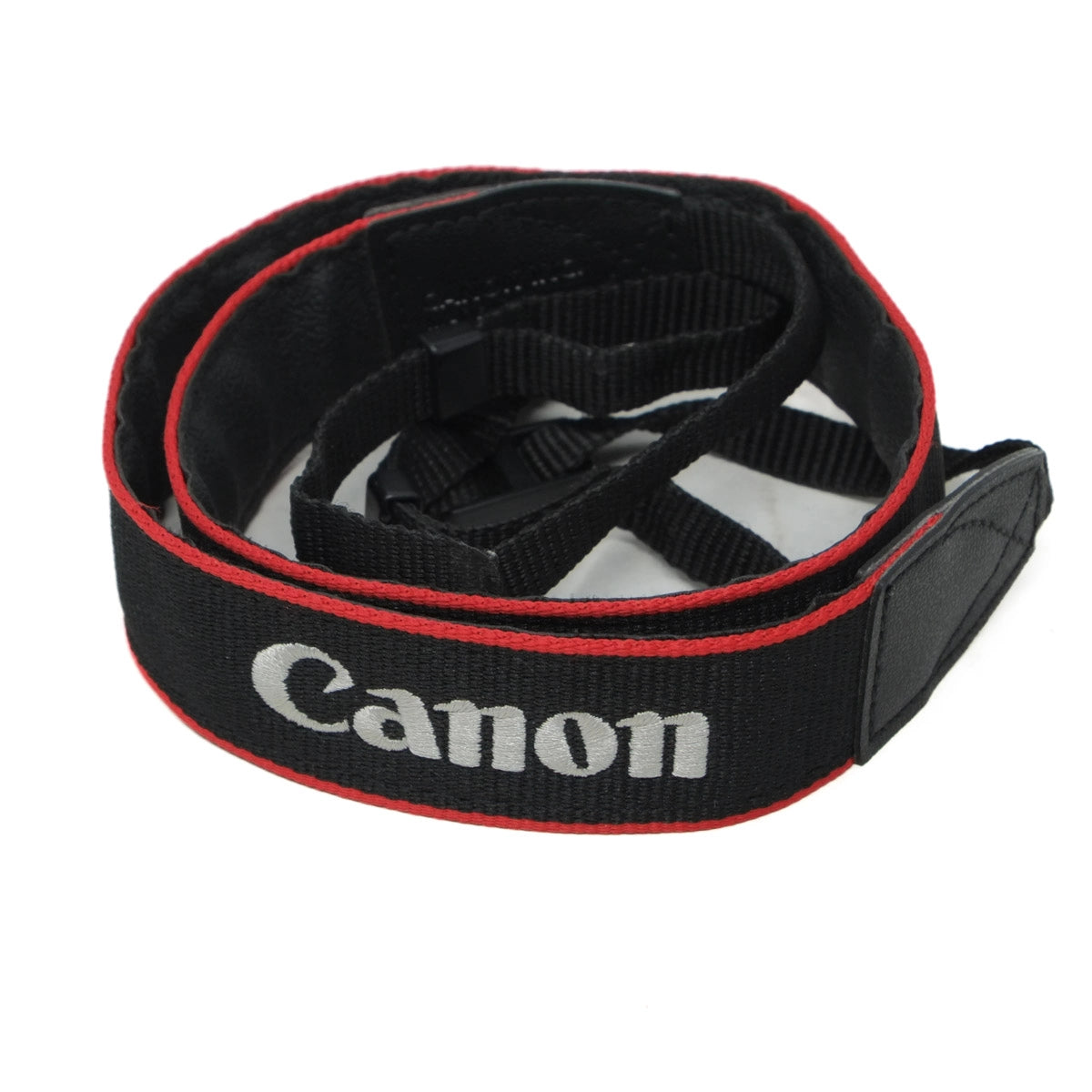 Black camera strap with red trim and 'Canon' branding on a white background