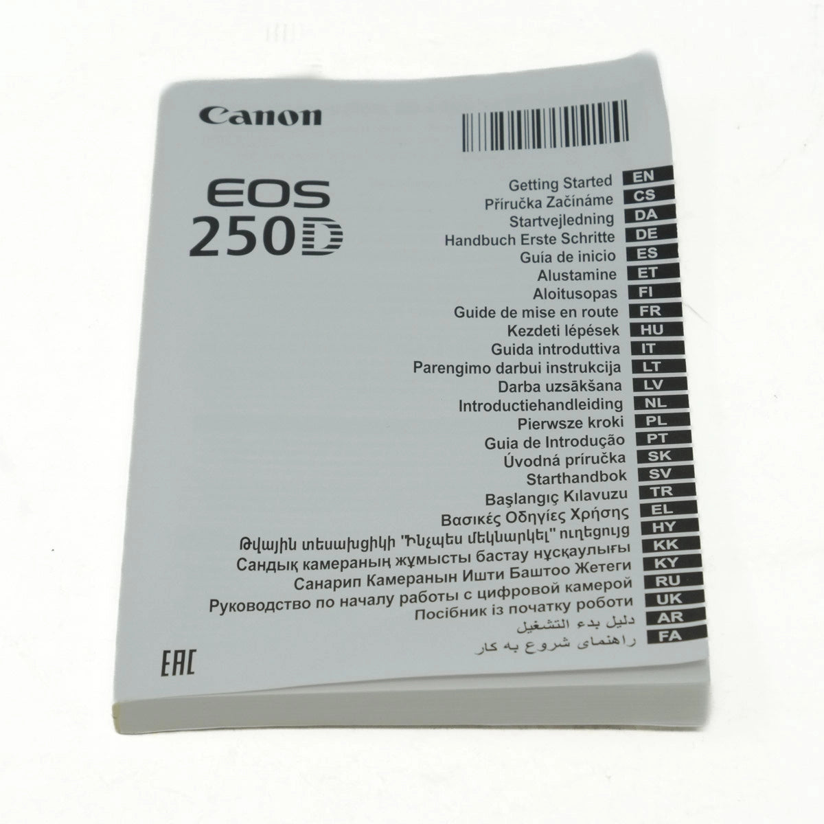 Canon EOS 250D instruction manual on a white background