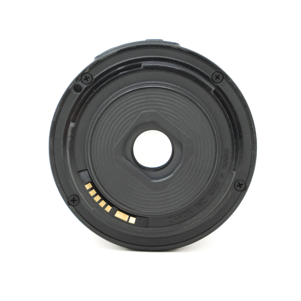 Black camera lens mount on a white background