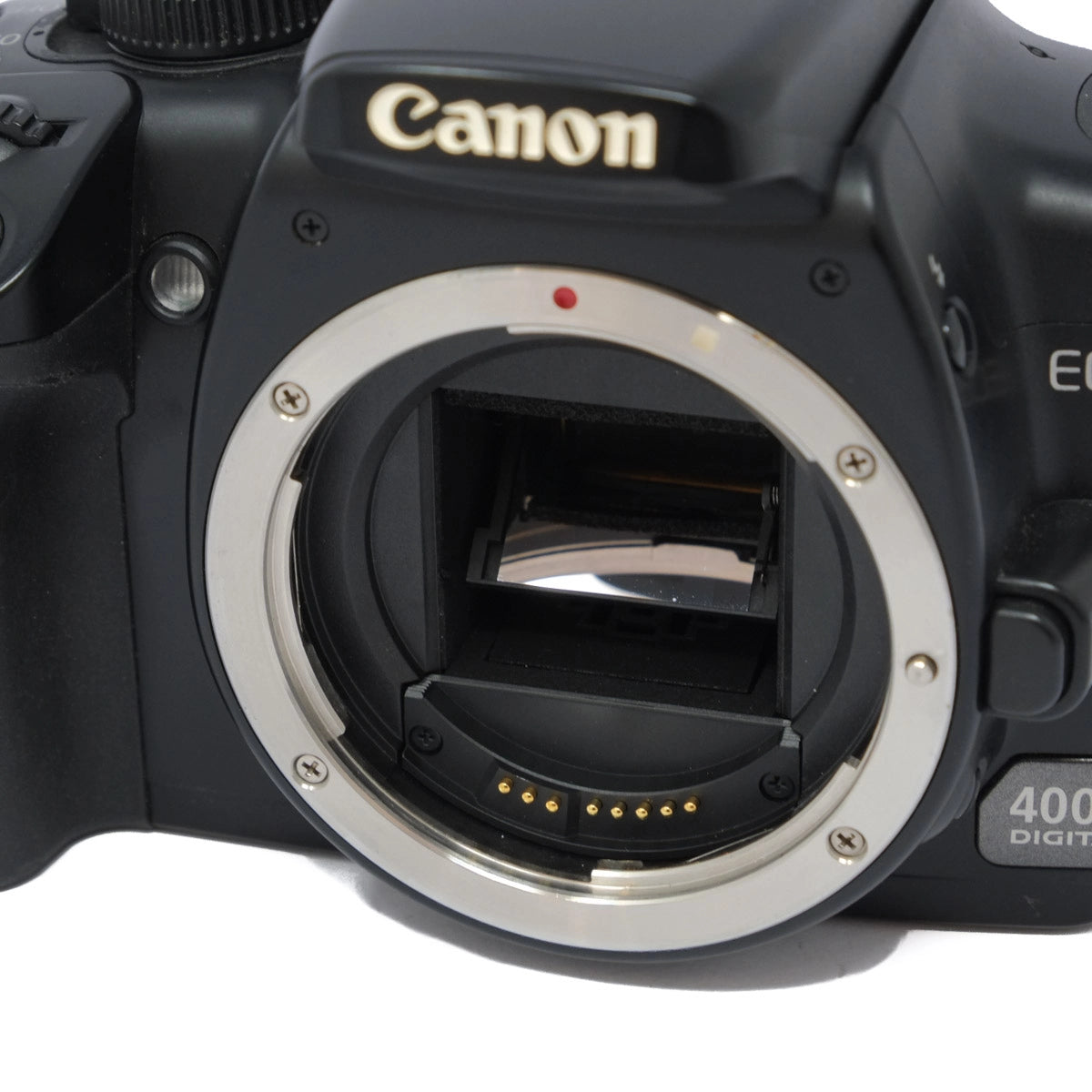 Canon camera body with lens mount on a white background