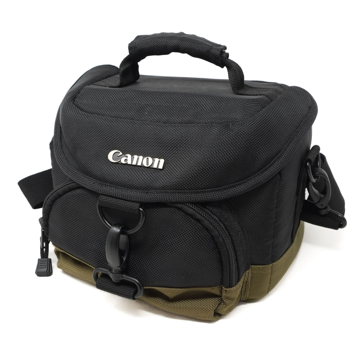Black Canon camera bag with a white background
