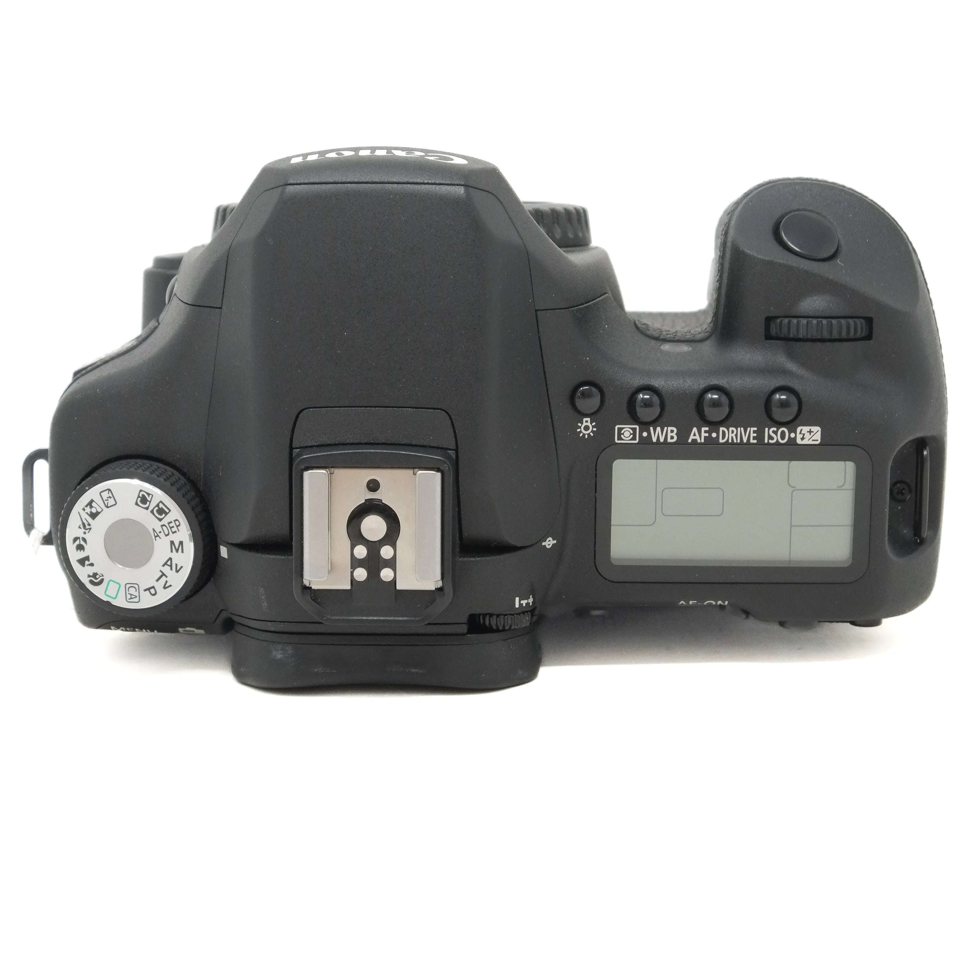 Black DSLR camera body on a white background