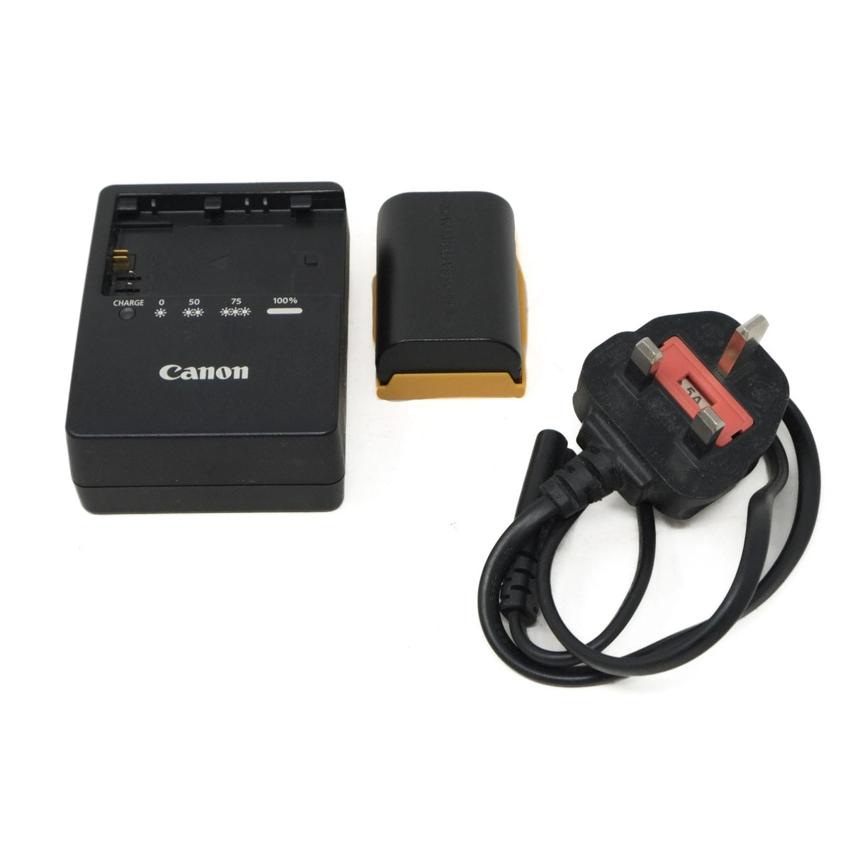 Canon battery charger and battery on a white background