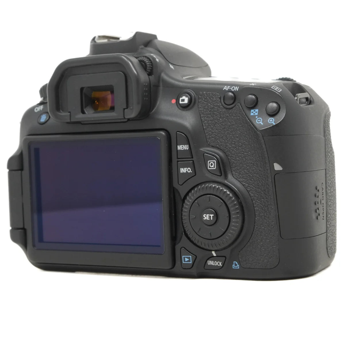 The rear view of a black DSLR camera body with an LCD screen, showing various control buttons and dials on a white background.