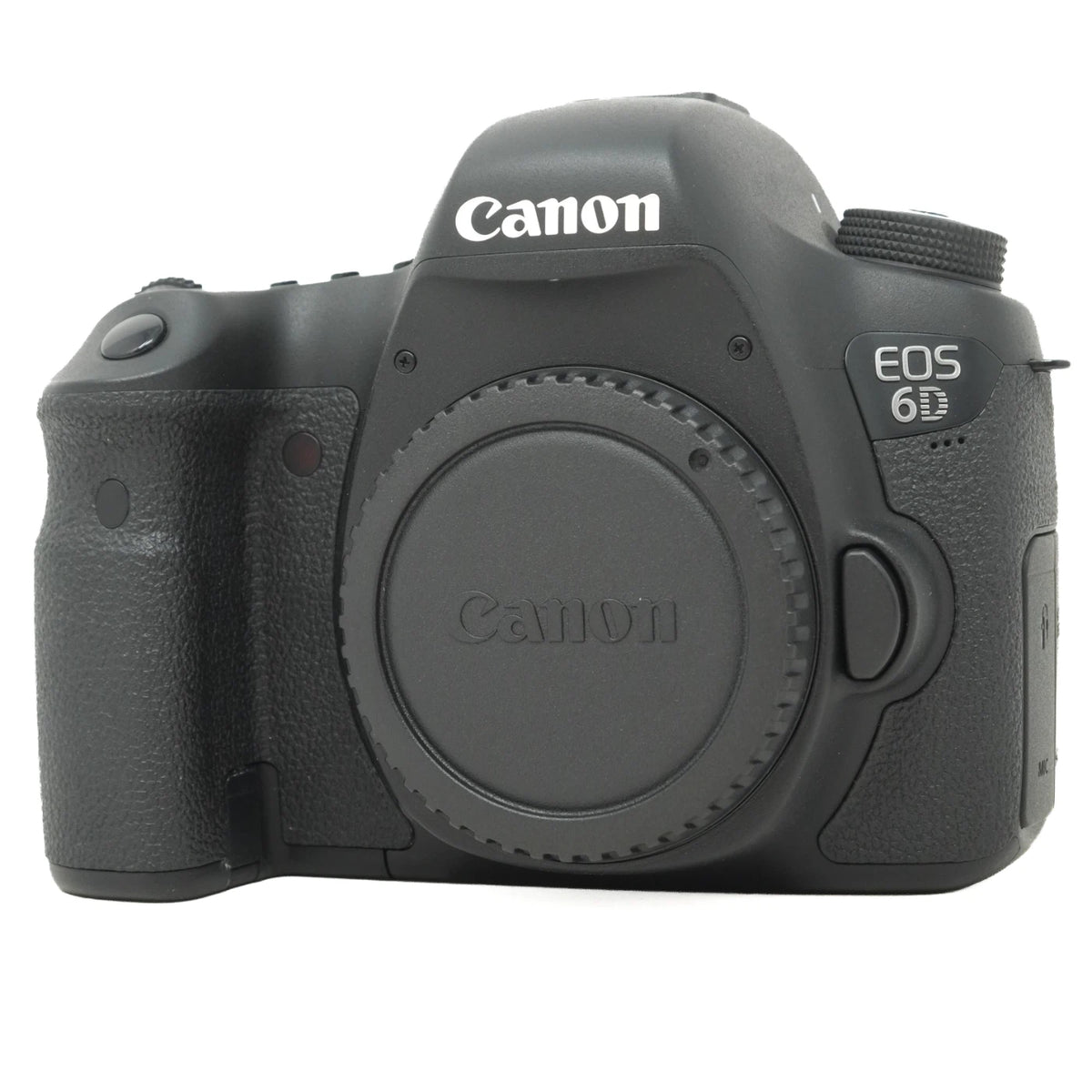 Canon EOS 6D DSLR camera body in black, showing the front grip, lens mount, and top control buttons on a white background.