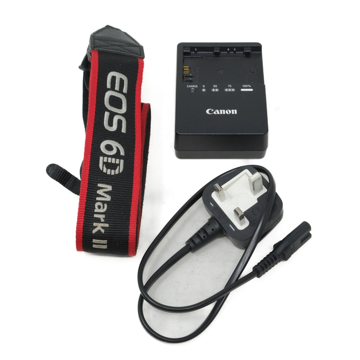 Canon EOS 6D Mark II battery, charger, and power cord on a white background