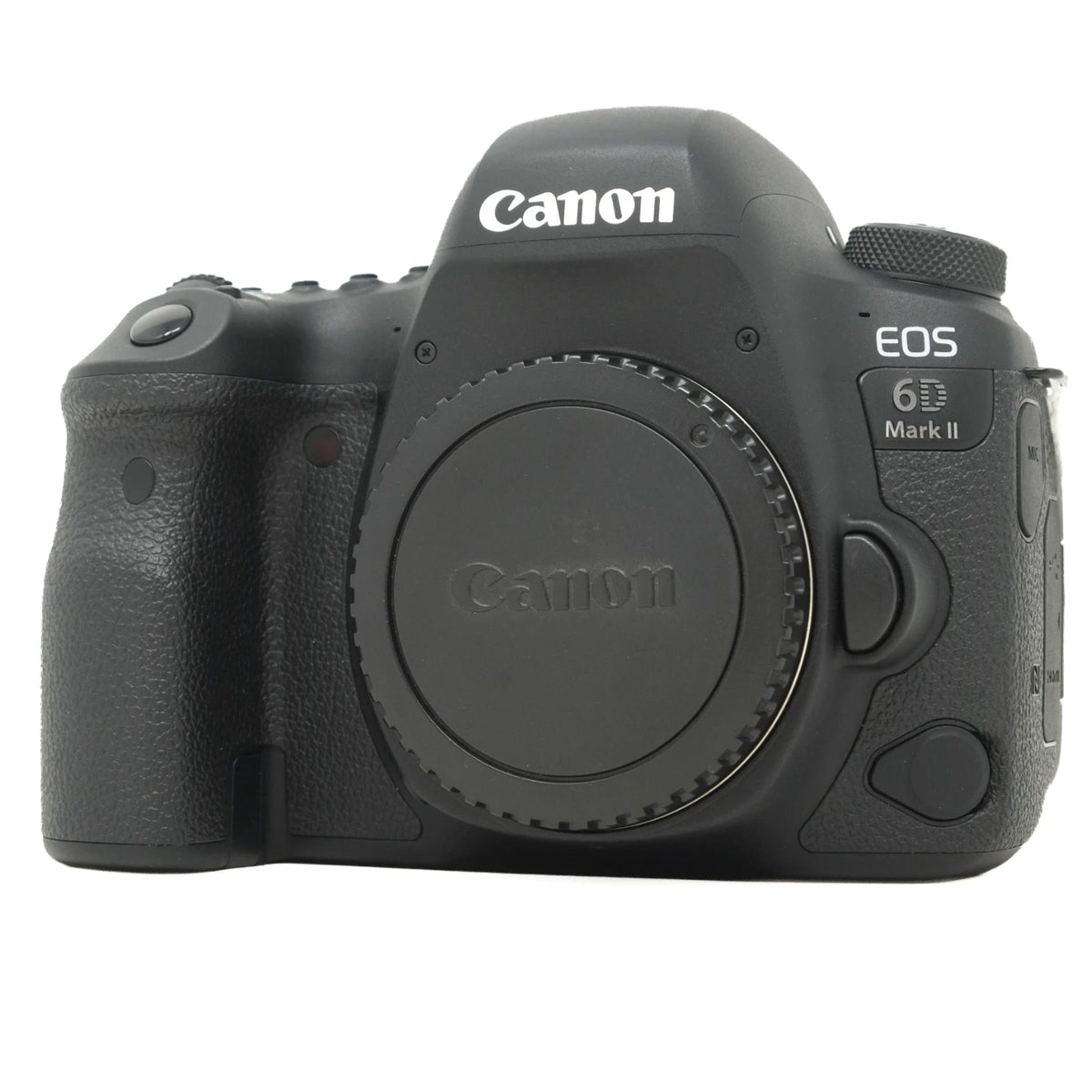 Canon EOS 60 Mark II DSLR camera body in black, shown from the front with the lens removed and lens cap on, against a plain white background.