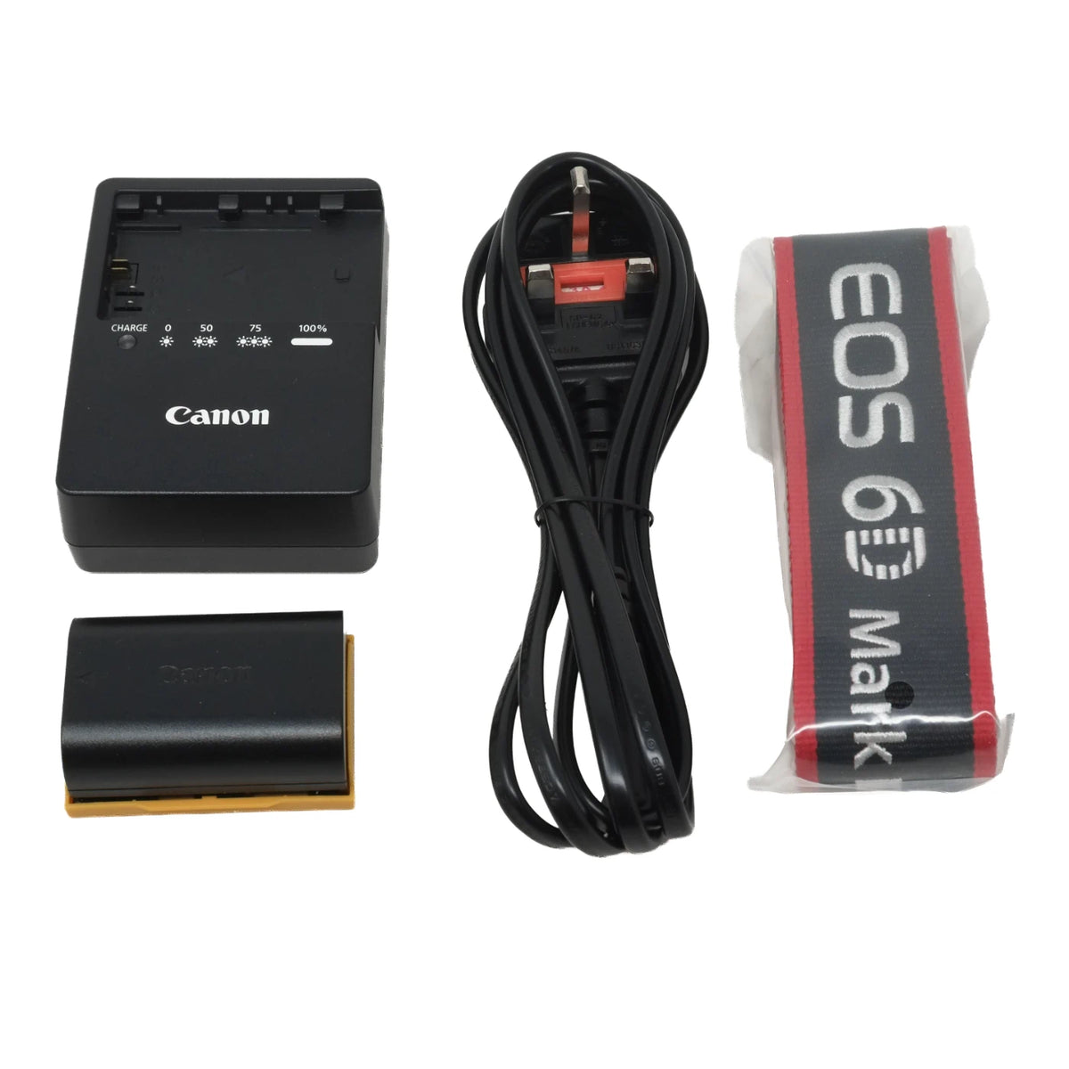 Canon EOS 6D MK II rechargeable battery charger kit including a black battery, a black charging unit, a black power cable, and a black-and-white Canon EOS 60D battery strap, all on a white background.