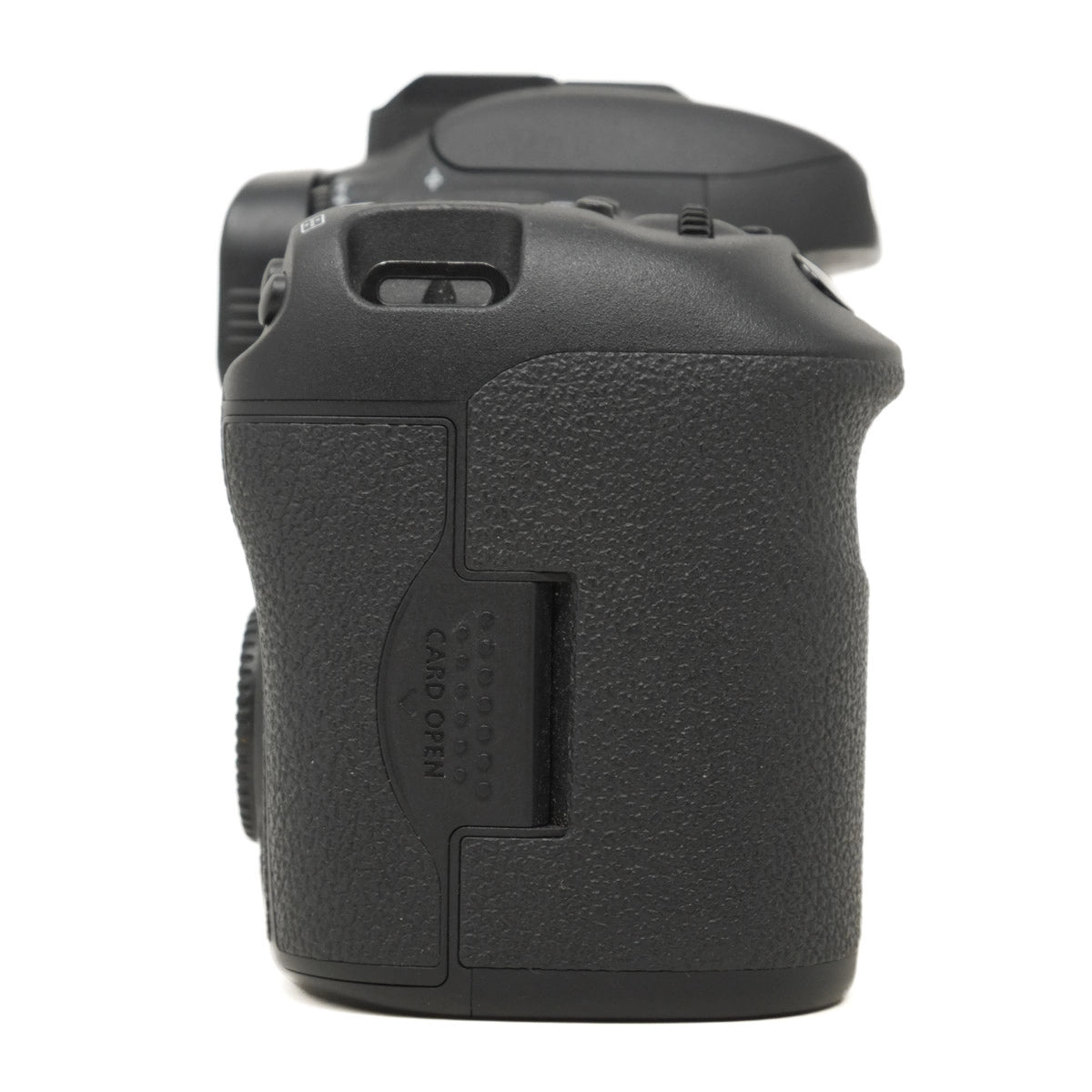 Black camera body on a white background