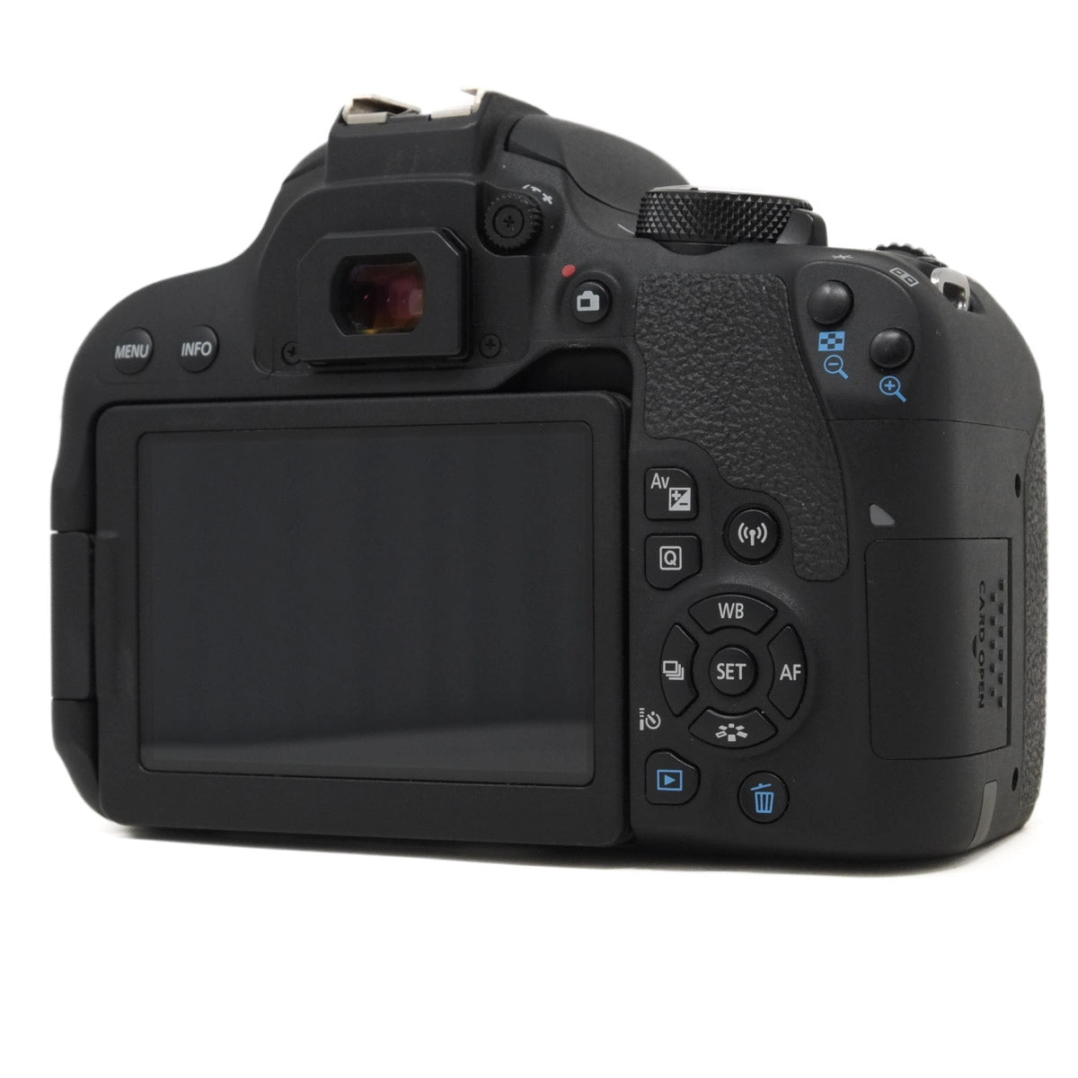 Back view of a black DSLR camera on a white background