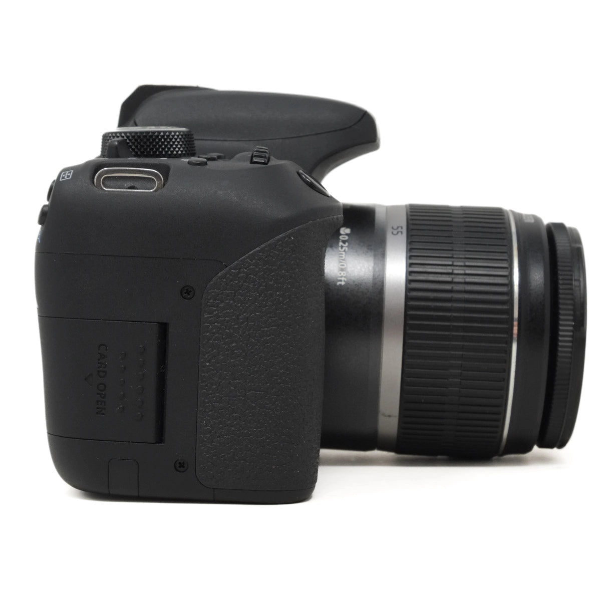 Black camera with lens on a white background